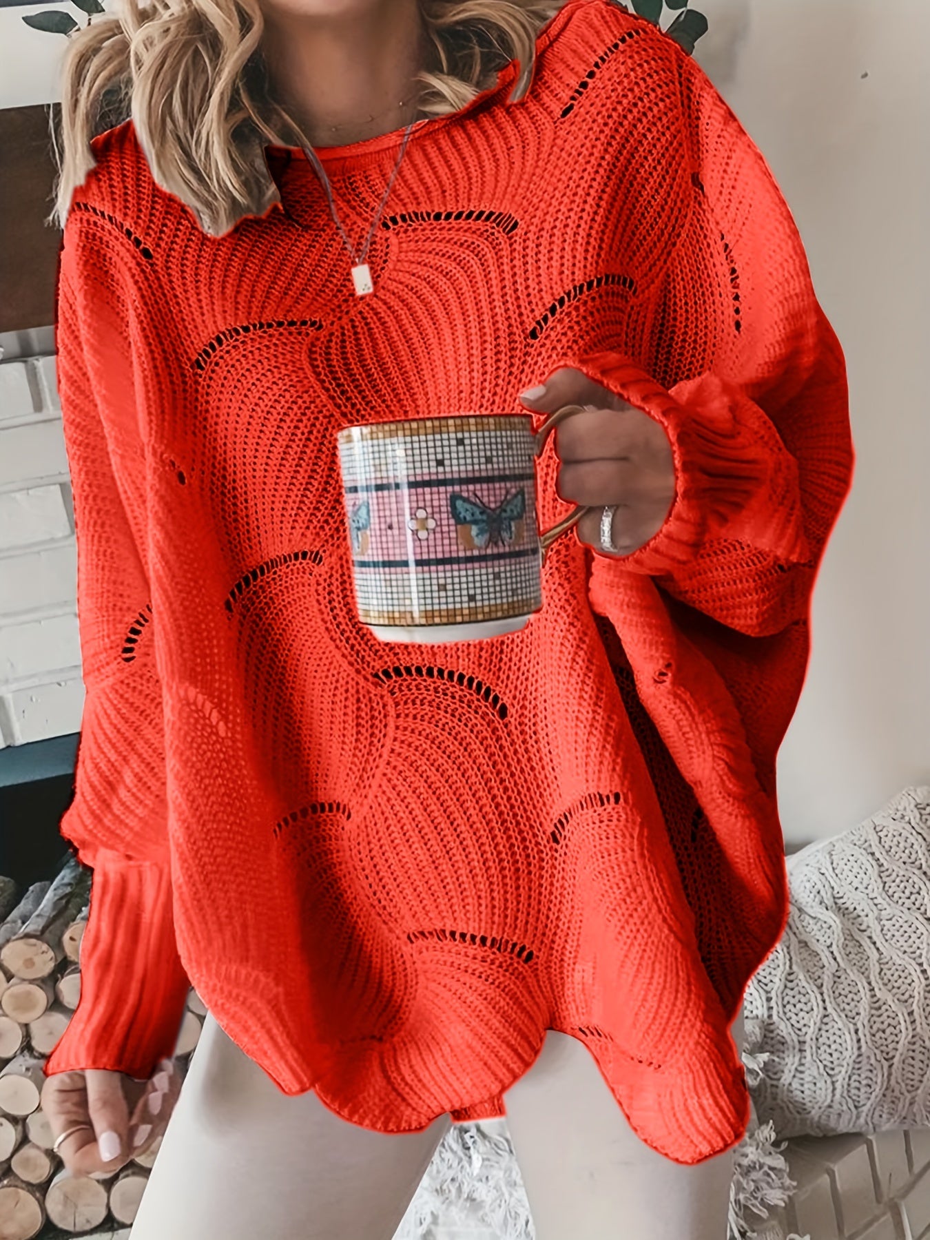 Women's Casual Loose-Fit Long Sleeve Sweater - Round Neck Asymmetrical Hem Ribbed Detailing, Medium Stretch Spring/Autumn Transitional Pullover, Solid Color Comfortable Casual Attire, Cute Sweater, Autumn Pullover, Textured Pattern, Durable Fabric, Mediu
