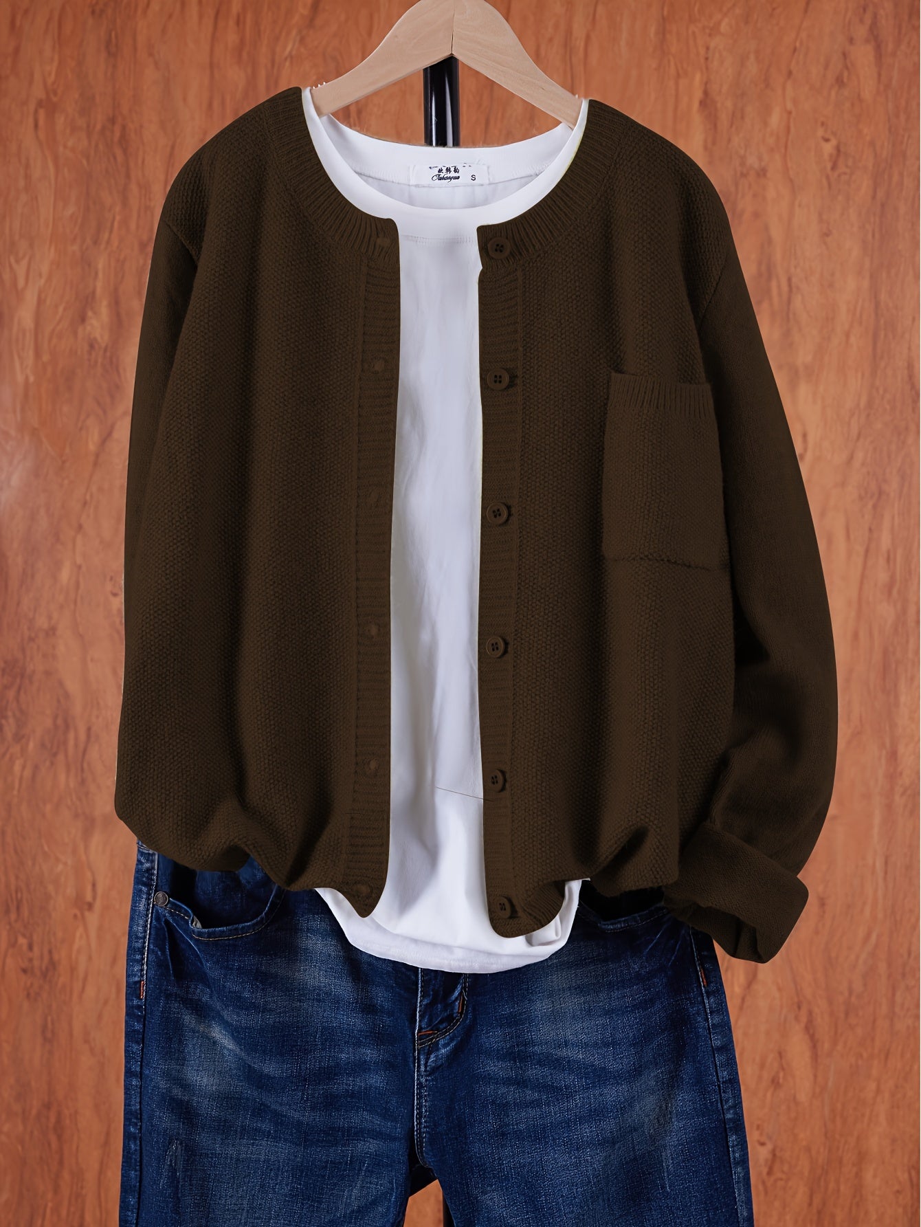 Women's Casual Button-Up Cardigan - Soft Stretchy Long Sleeve with Pockets, Solid Brown for Spring/Fall, Lightweight and Comfortable Casual Attire, Lightweight Cardigan
