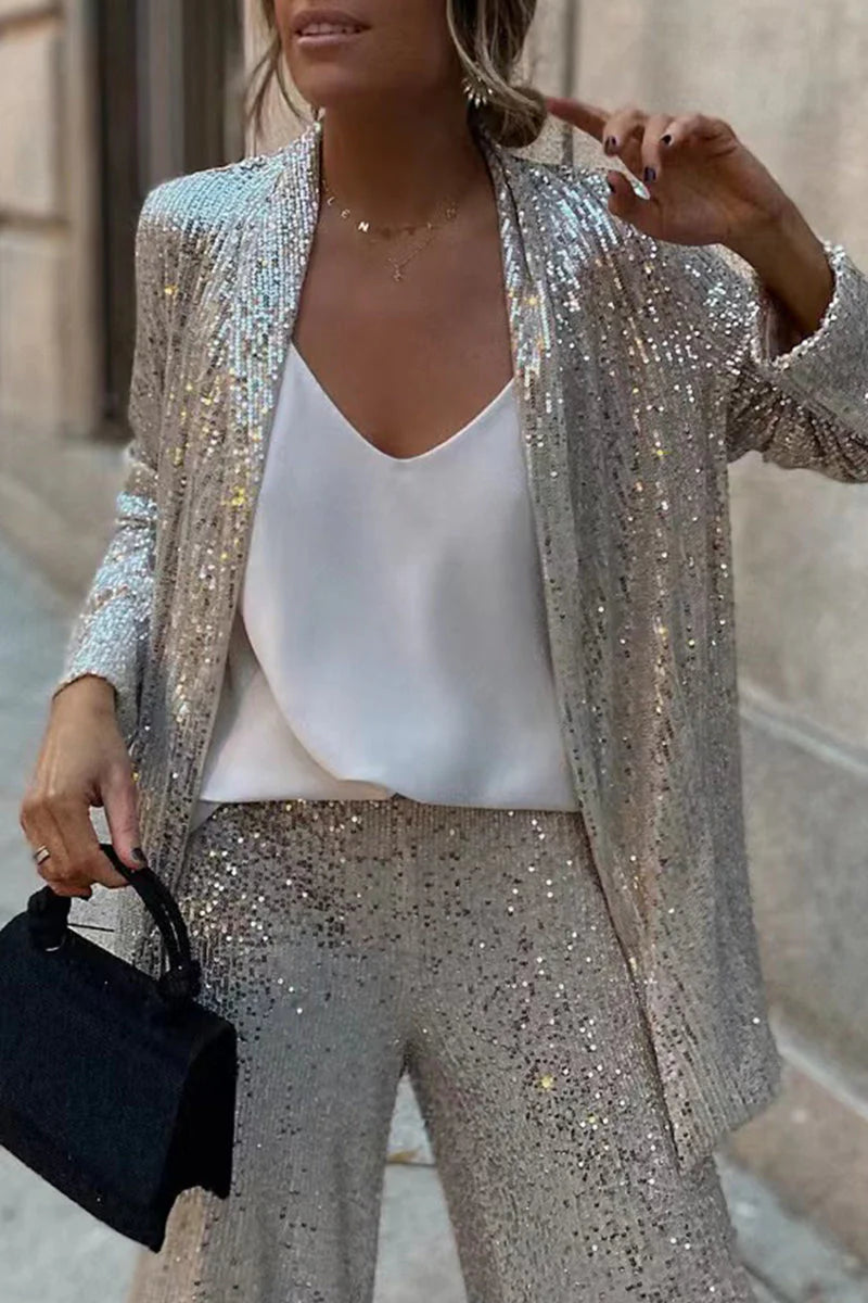 Women’S Sequin Blazer Suit – Tailored Fit – High-Waisted Wide-Leg Trousers – Party Wear