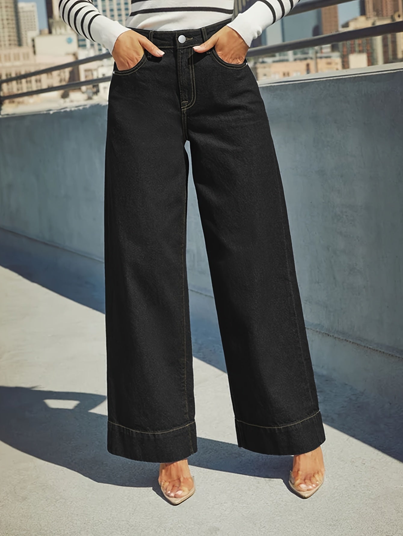 Women'S High Stretch Denim Wide Leg Jeans - Elegant Blue Washed Straight Leg, Mid Rise Comfort Trousers with Button Fly, Soft Breathable Fabric, Versatile Casual & Mature Style, Straight Leg Cut, Long Length Jeans | Classic Blue | High Elasticity Fabri