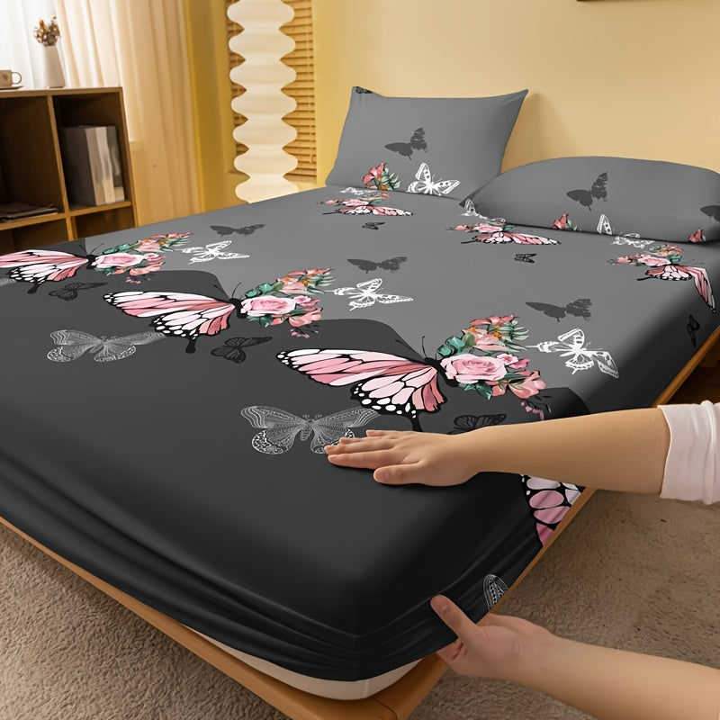 1pc Brushed Fitted Sheet, Soft Comfortable Rose Butterfly Bedding Fitted Sheet, For Bedroom, Guest Room, With Deep Pocket, Fitted Bed Sheet Only