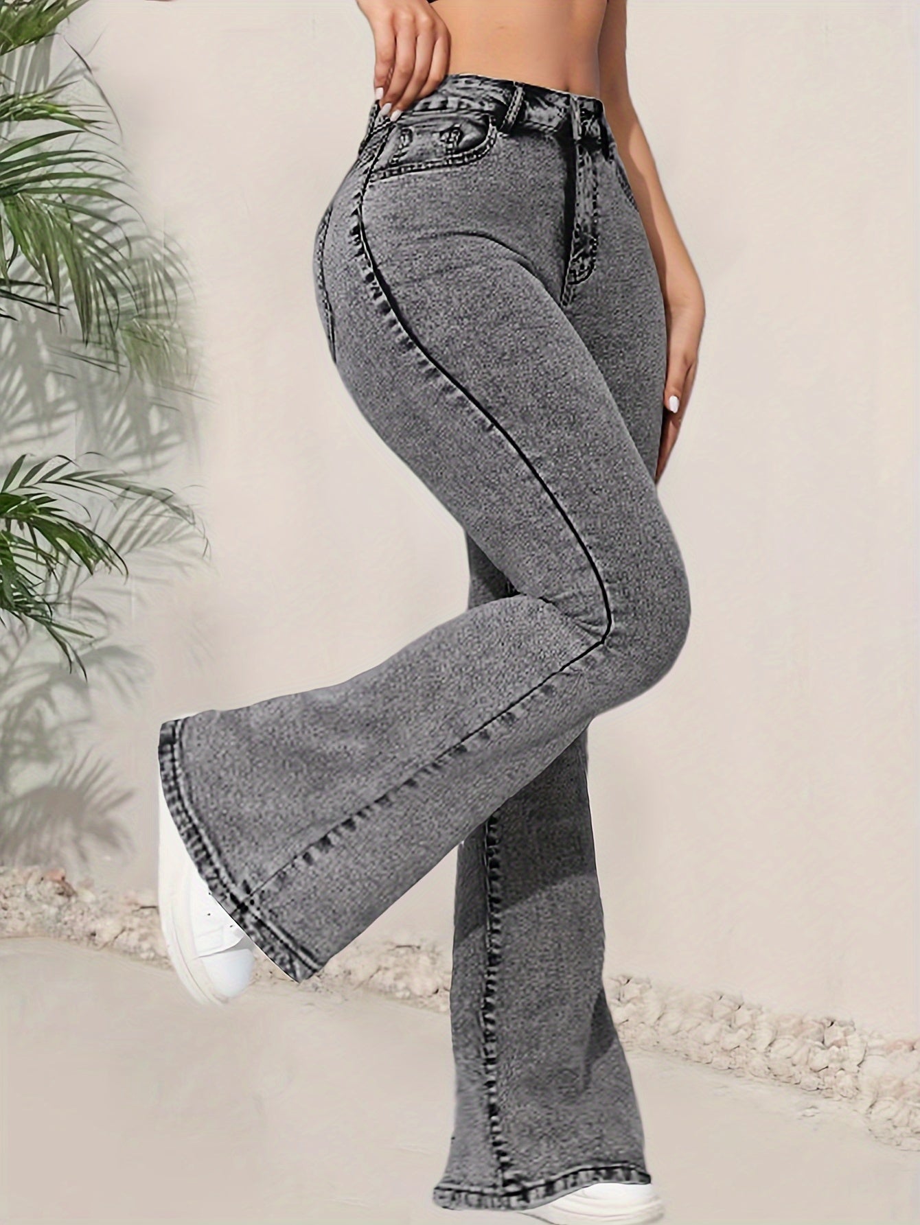 Plain Washed Grey Flare Leg Denim Pants, High Rise Versatile Bell Bottom Denim Pants, Women's Denim Jeans & Clothing