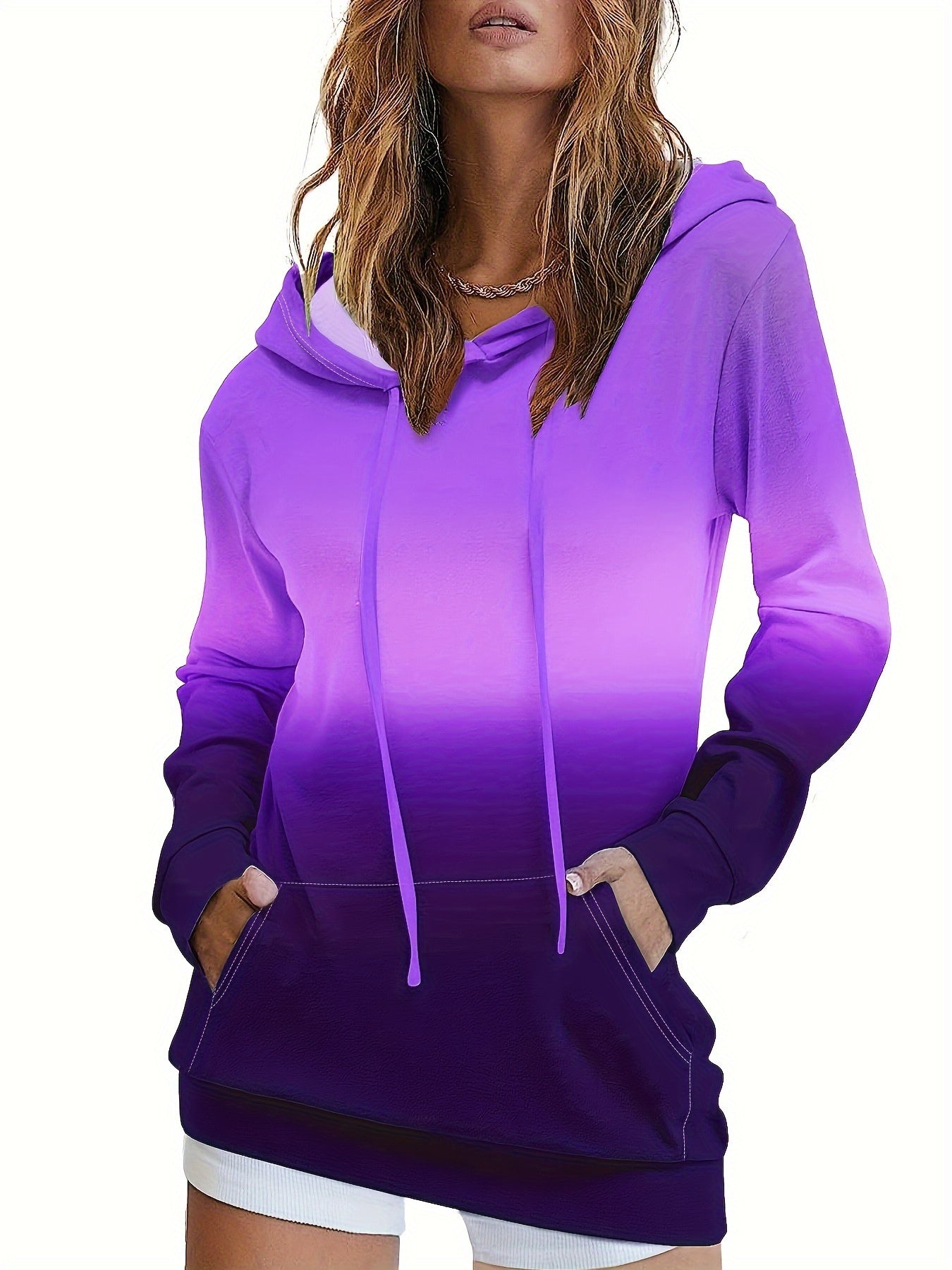 Ombre Kangaroo Pocket Hoodie, Casual Long Sleeve Drawstring Hoodies Sweatshirt, Women's Clothing