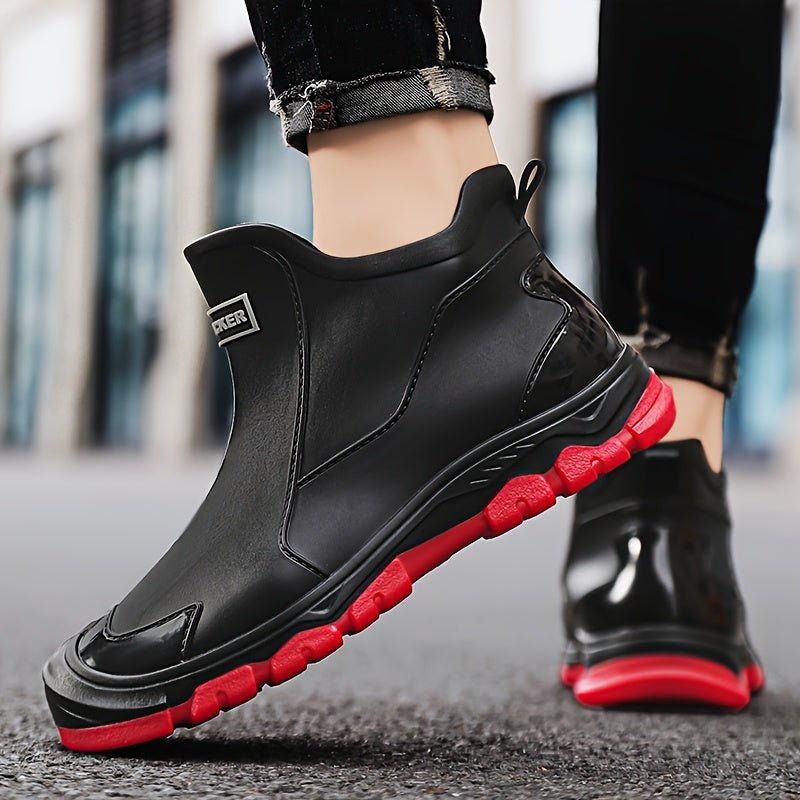 Women's Lightweight EVA Slip-On Rain Boots - High Quality Chef-Style Ankle Boots with Red Sole Accents for Kitchen, Fishing, Car Washing & Outdoor Work (Black), Ladies Low Heel Boots, Textured Grip Footwear