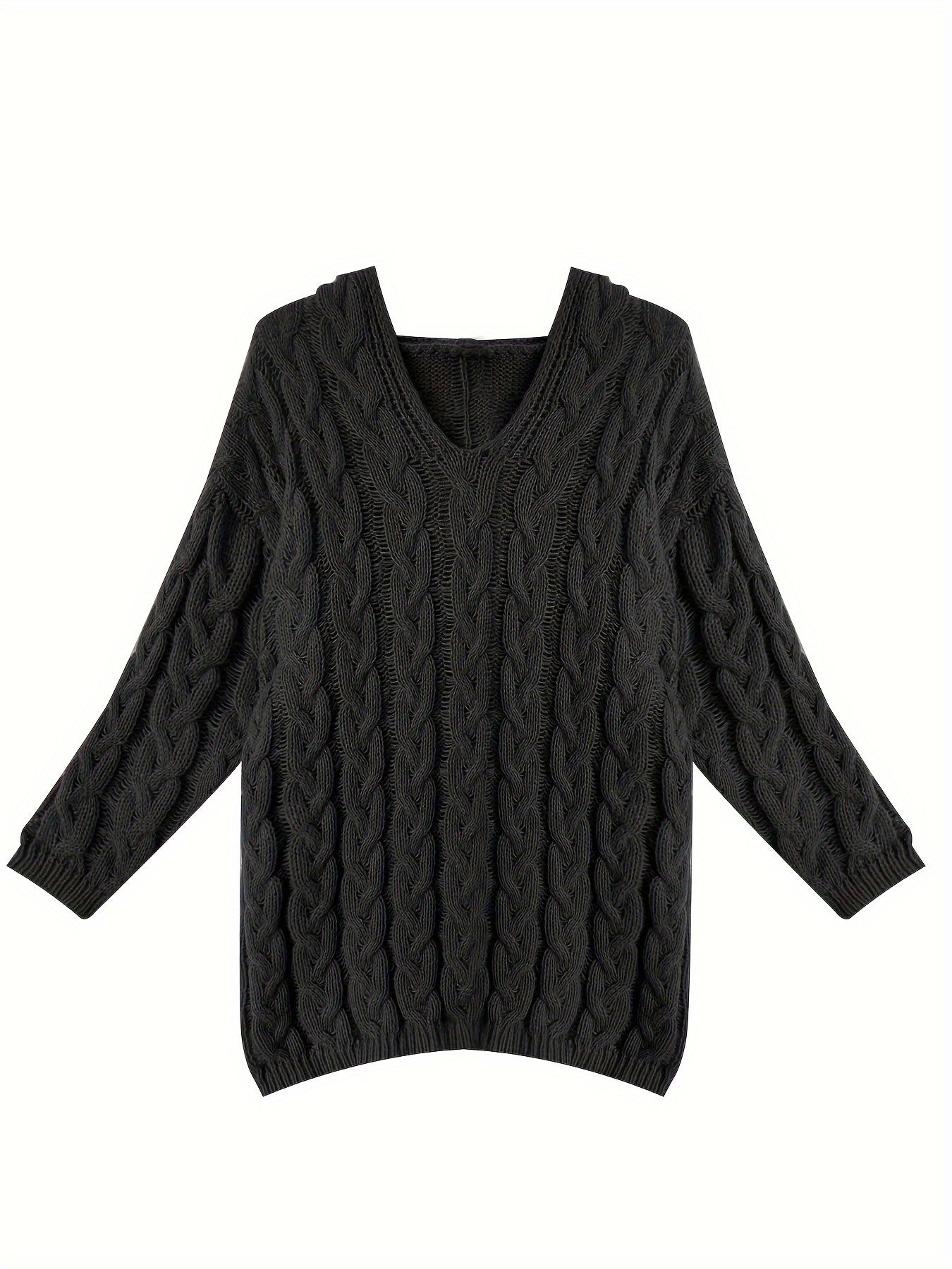 Plus Size Casual Sweater, Women's Plus Solid Hooded Long Sleeve V Neck Knitted Pullover Jumper Top