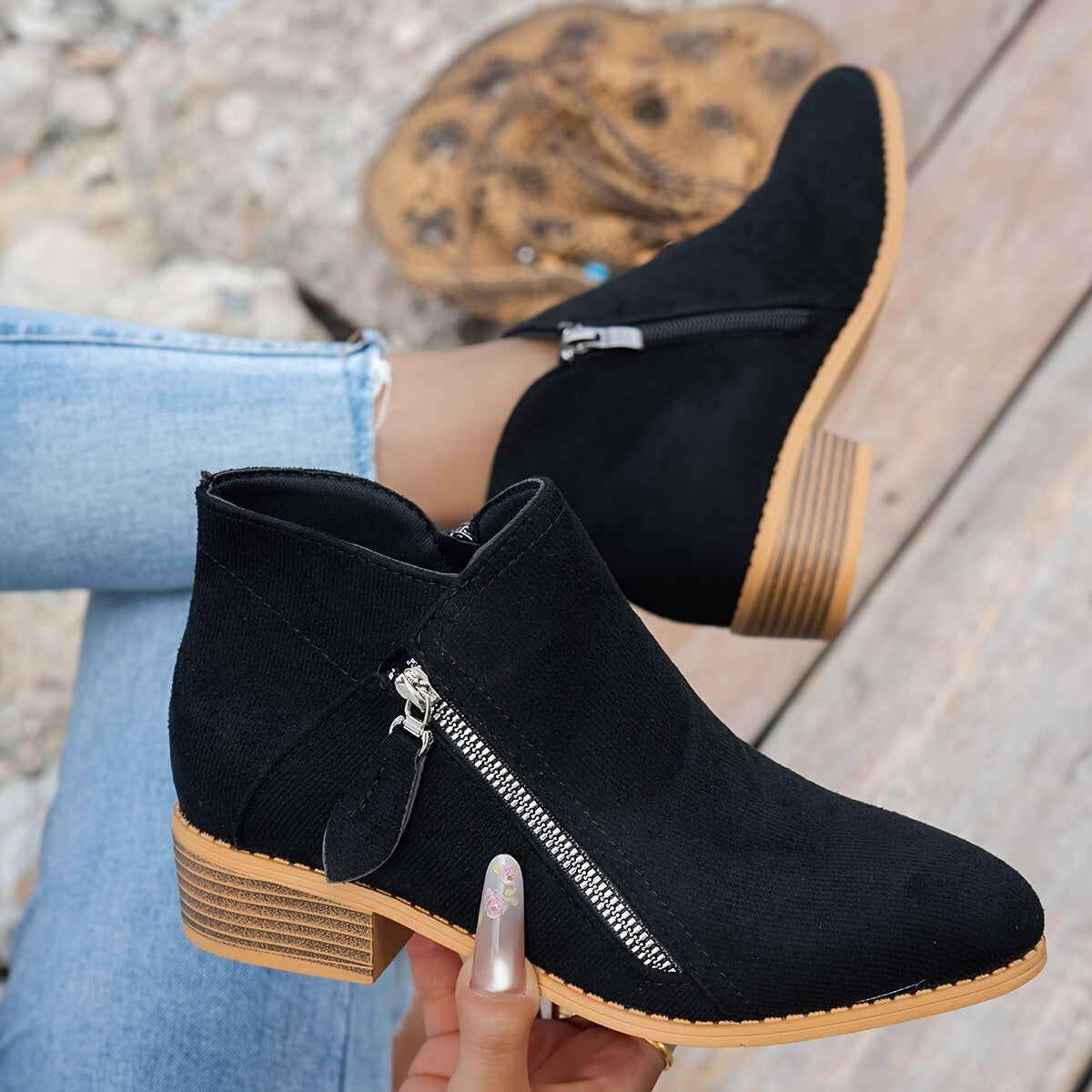 MZMQS Women'S Chunky Heel Ankle Boots - Low Block Heel, Pointed Toe, Zipper Closure, Fabric Upper & TPR Sole, Casual Winter Boots for Everyday & Travel, Everyday Ankle Boots | Zipper Closure Boots | Durable Fabric Boots