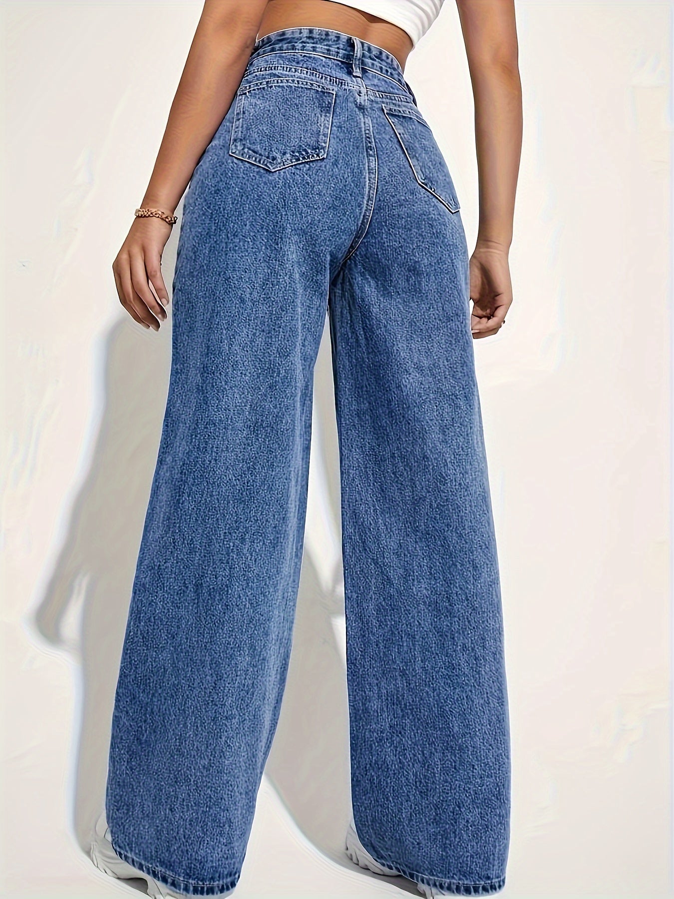 Casual Plain Washed Denim Jeans, High Rise Button Fly Straight Leg Denim Pants, Women's Denim Jeans & Clothing