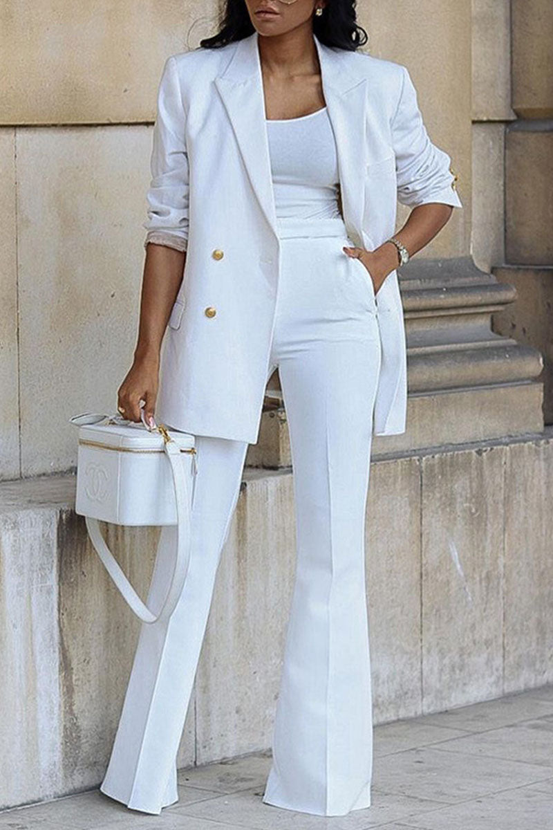 Women’S Blazer and Pants Set – Double Breasted – High Waist Flared Trousers – Structured Fit