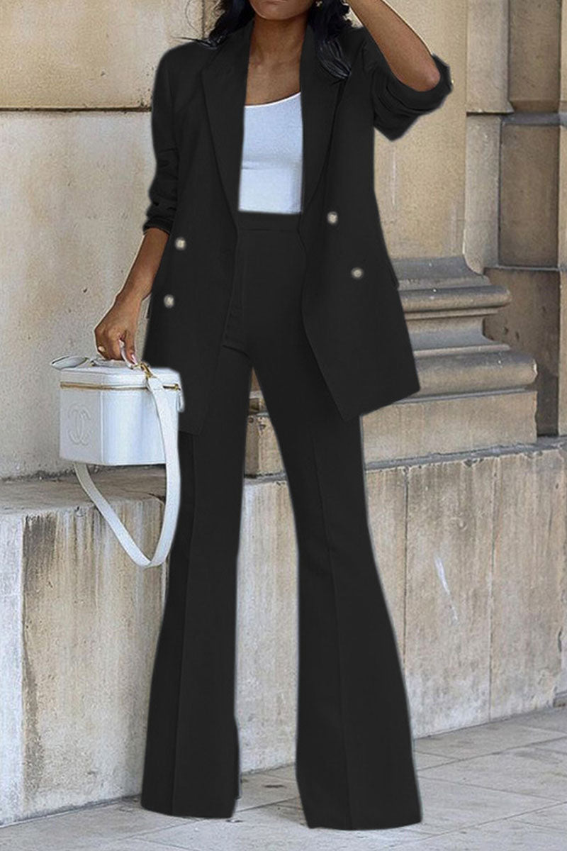 Women’S Blazer and Pants Set – Double Breasted – High Waist Flared Trousers – Structured Fit