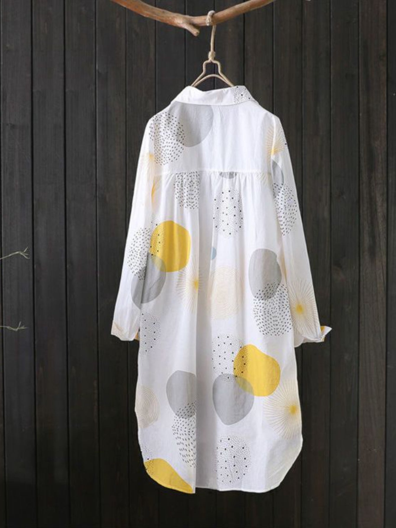 Allover Print Button Front Blouse, Casual Long Sleeve Thigh Length Blouse For Spring & Fall, Women's Clothing