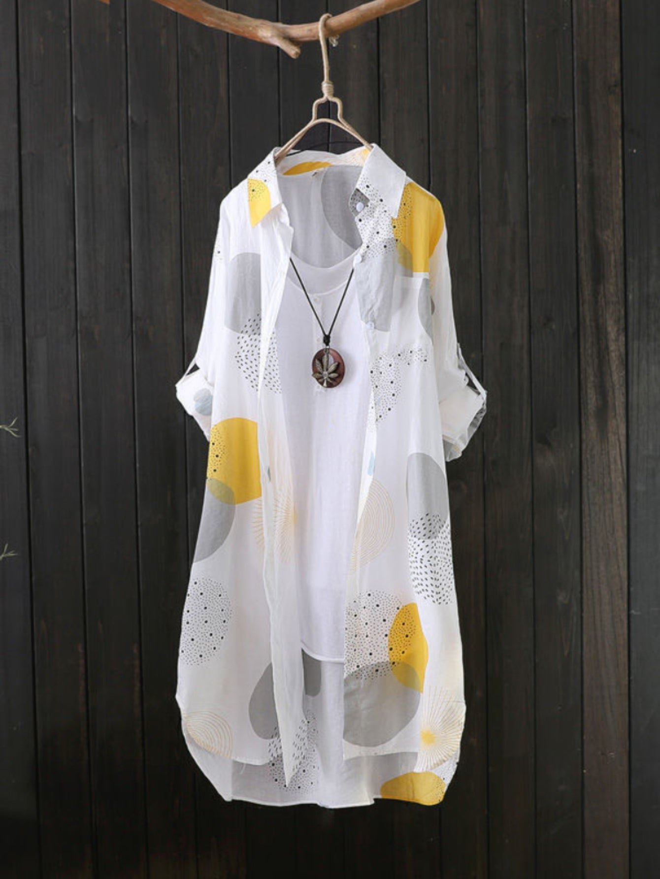 Allover Print Button Front Blouse, Casual Long Sleeve Thigh Length Blouse For Spring & Fall, Women's Clothing