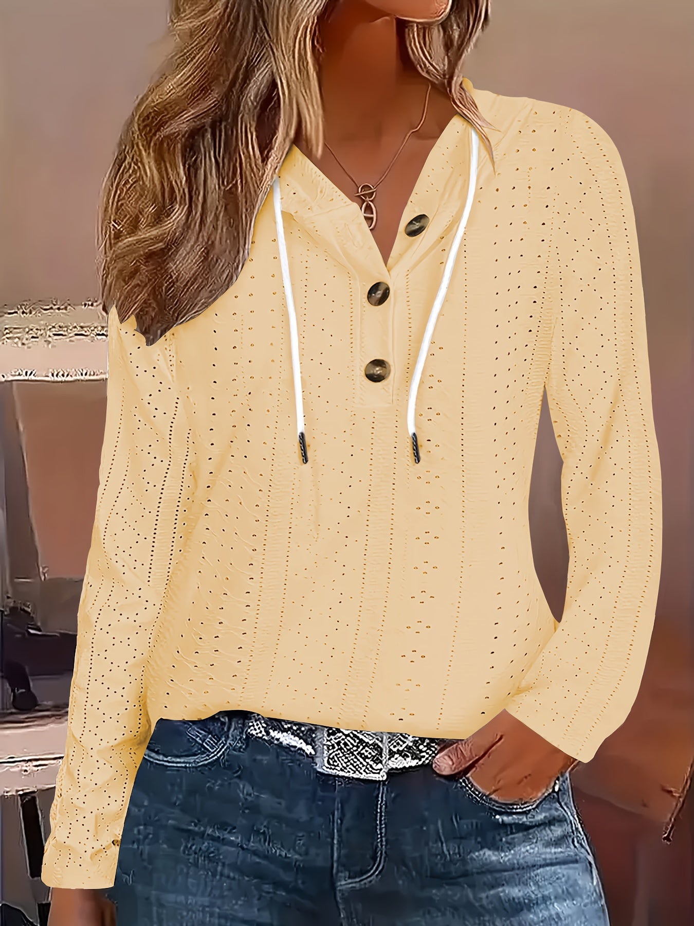 1pc Women'S Casual Sports Pullover - Polyester Knit Fabric with Embroidered Eyelet Detail, Hooded Collar, Button Twist, Loose Fit Long Sleeve Top for All Seasons