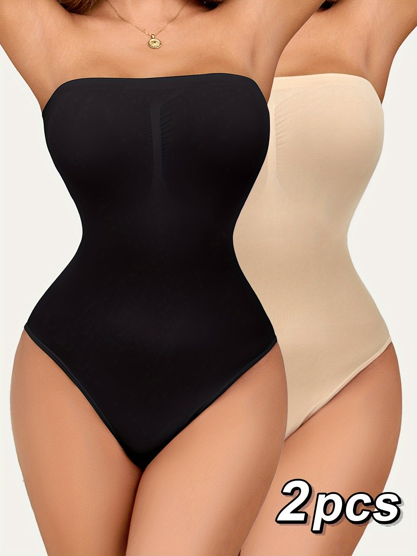 2-Pack Seamless Strapless Bodysuits for Women - High Support, Tummy Control, Knit Fabric, Solid Color, Breathable & Stretchy Shapewear