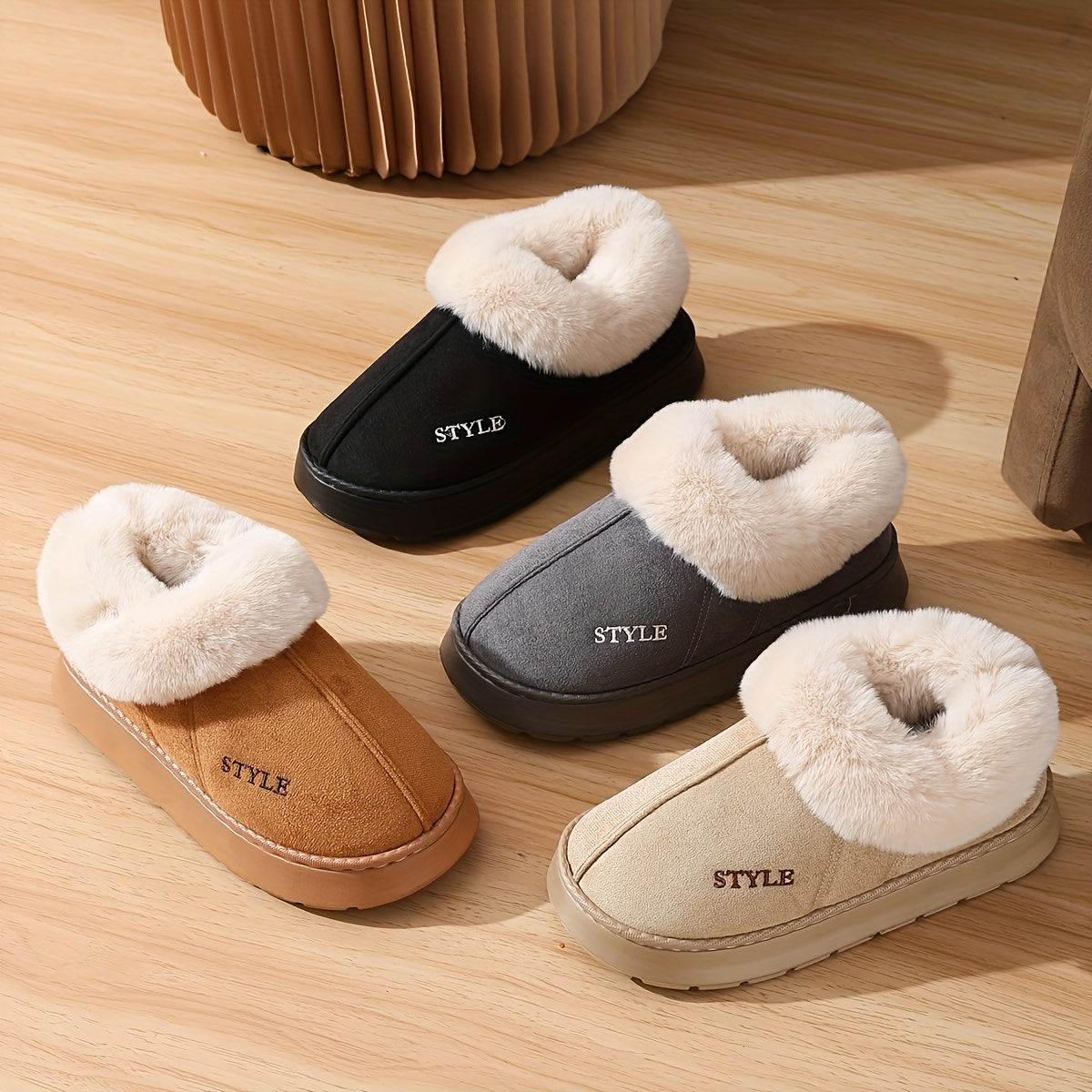 Women'S Cozy Fleece Lined Winter Shoes - Warm Fuzzy Indoor/Outdoor Flats with Thick Sole, Heightening & Non-Slip Design, Grey Beige Black Brown, Slip-On Closed Toe, All-Season Comfort, Indoor Shoes, Casual Winter Wear, Cozy Fleece Lining, EVA Cushioned S