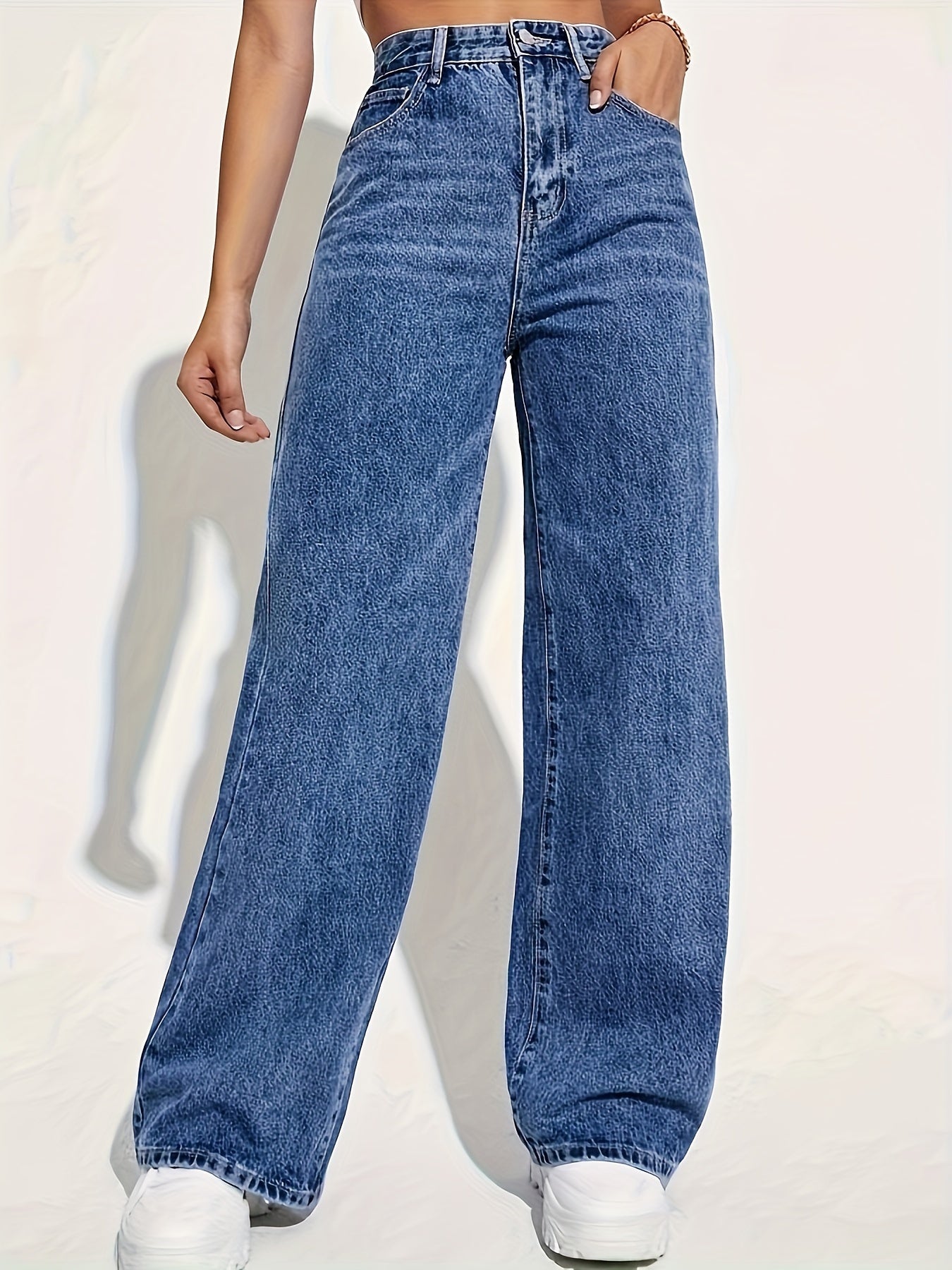 Casual Plain Washed Denim Jeans, High Rise Button Fly Straight Leg Denim Pants, Women's Denim Jeans & Clothing