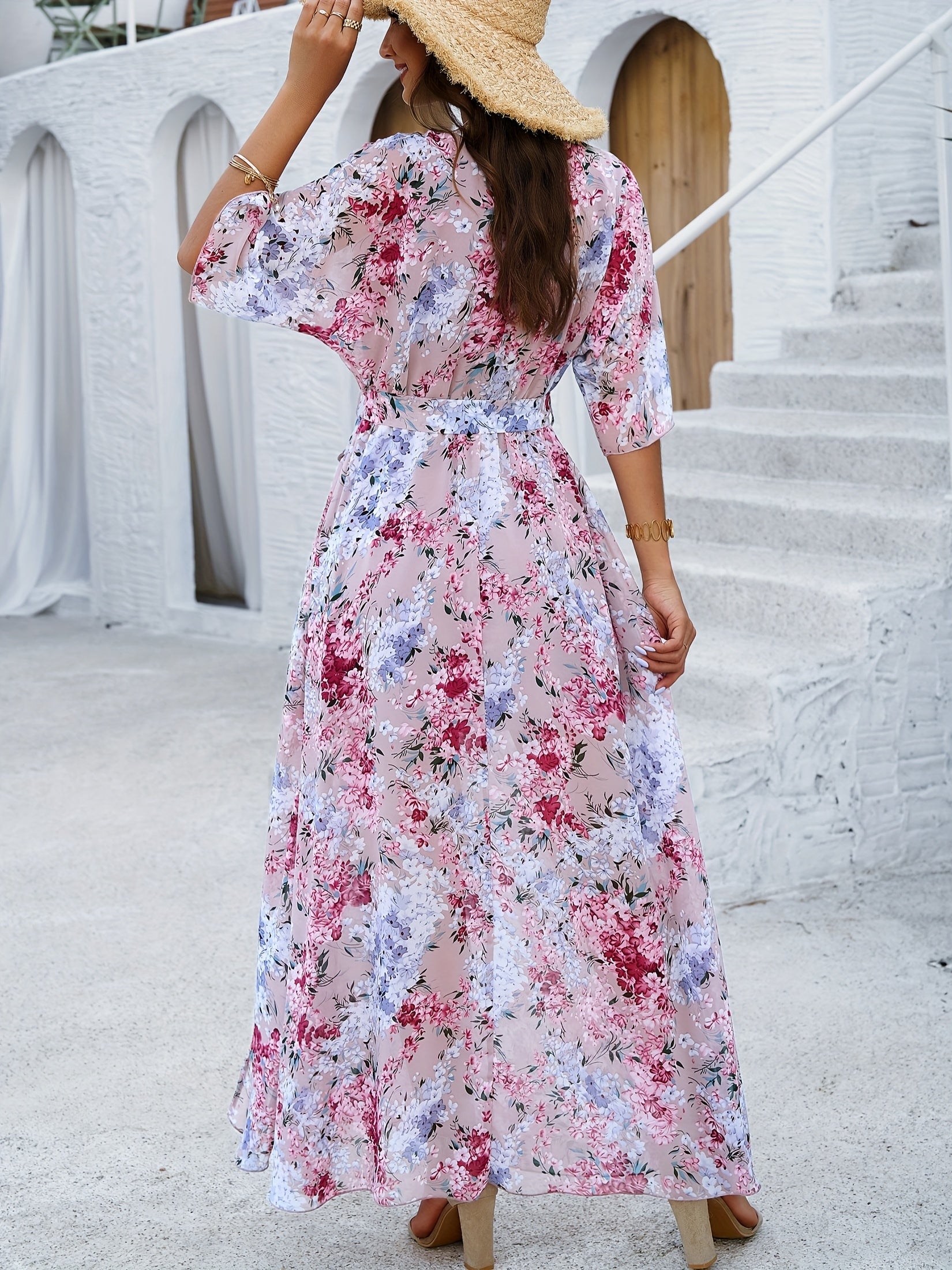 Floral Print V Hals Midi Kjole Med Bælte Lange Ærmer