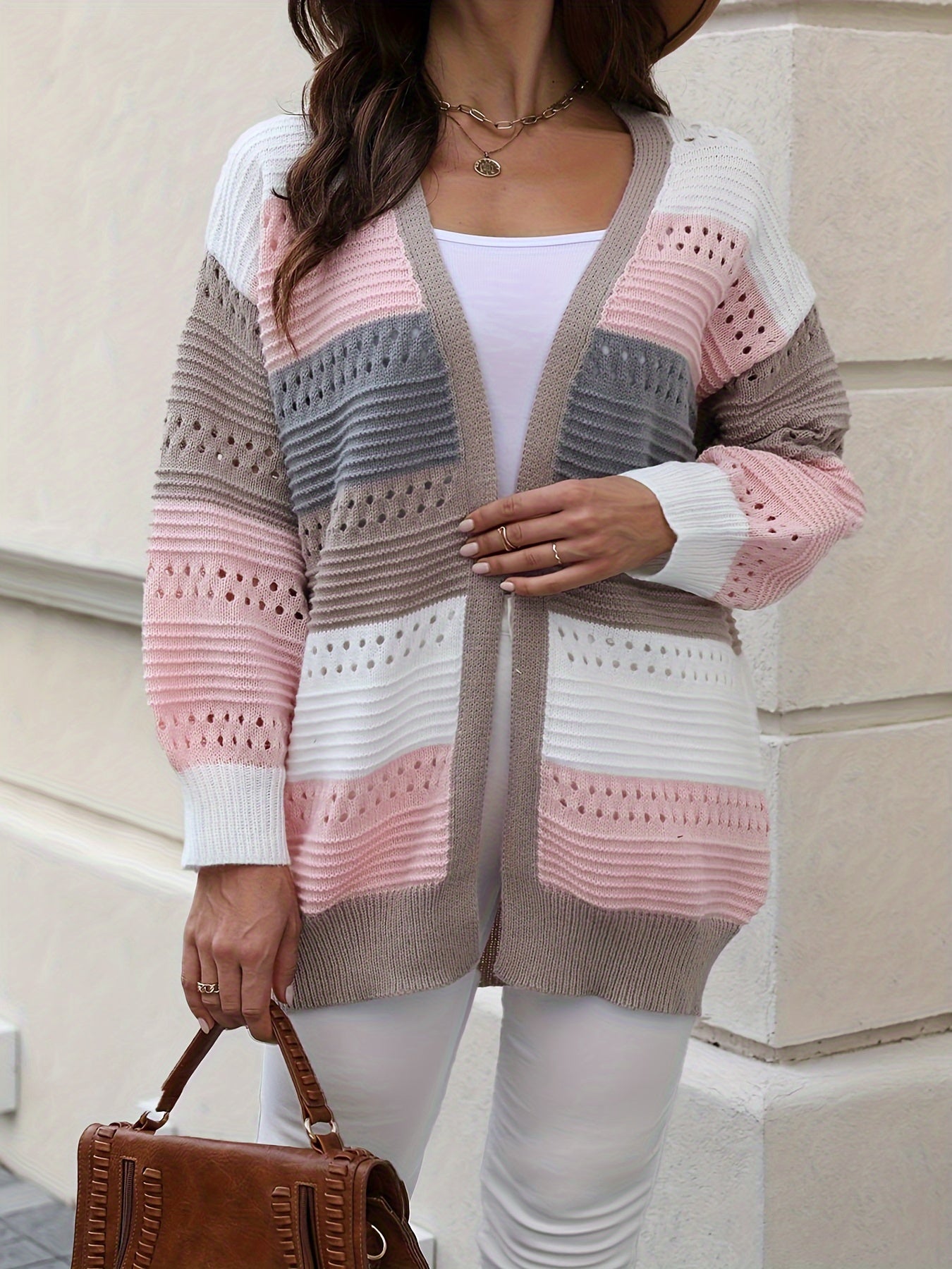 Plus Size, Color-blocked oversized cardigan with eyelet details