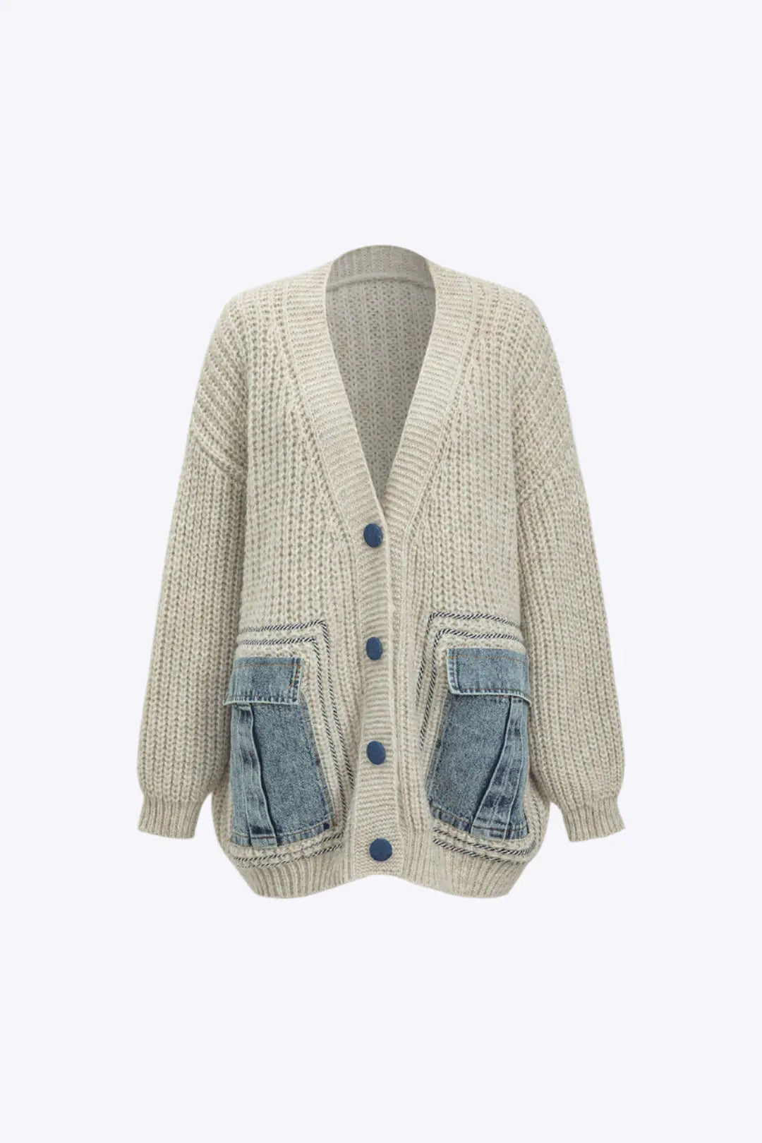 Guinevere – Denim Patchwork Knap-lomme Kvinde Cardigan-Cardigans-Zuruz-Beige-S-Zuruz