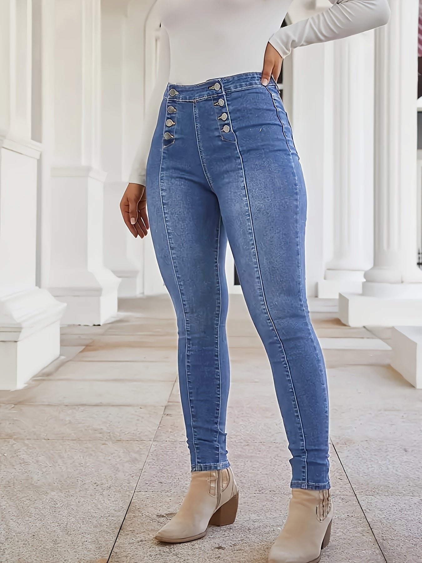 Button Fly Pintuck Skinny Jeans, Double-breasted Medium Stretch Vintage Style Denim Pants, Women's Denim Jeans & Clothing suit for autumn