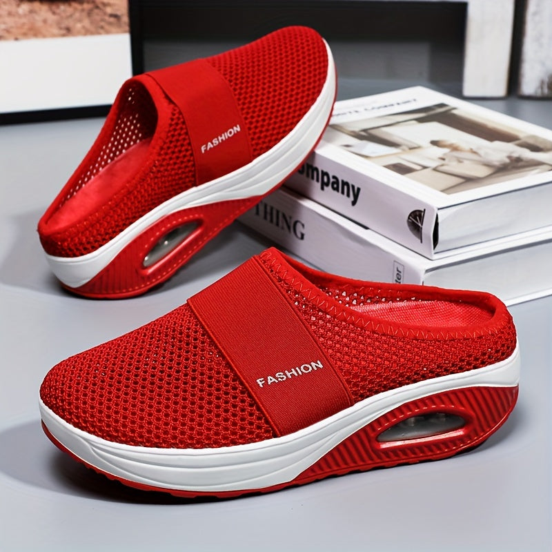 Women's Solid Color Mesh Sneakers, Soft Sole Platform Air-cushion Walking Shoes, Half Drag Breathable Daily Shoes plus size