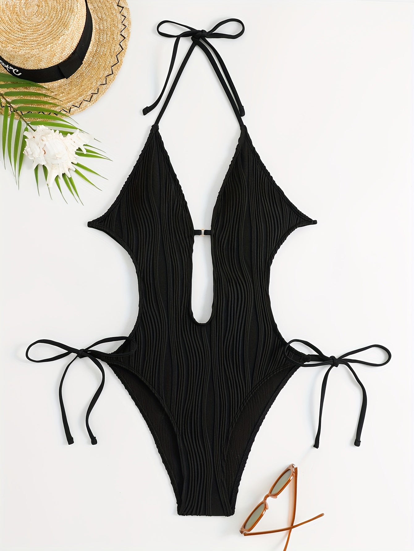Chic Backless Halter One-Piece Swimsuit for Women - Sexy, High Stretch, Solid Color with Tie Detail, Machine Washable