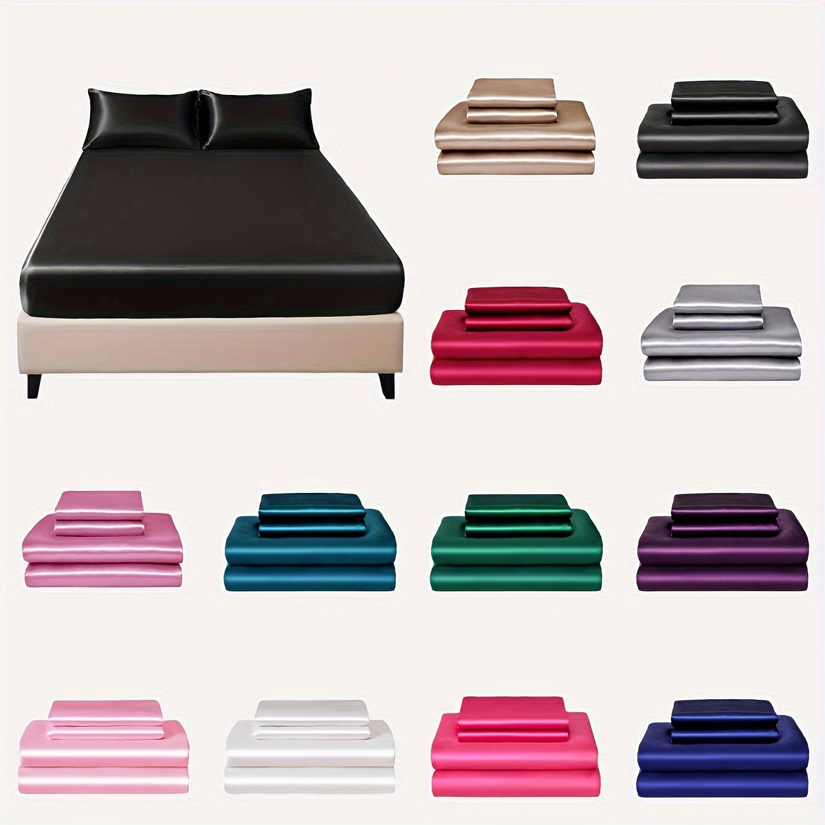 3pcs 100% Polyester Satin Fitted Sheet Set [1 Fitted Sheet 2 Pillowcases (Coreless)] Skin-Friendly, Soft And Silky Fabric Student Dormitory Daily Home Bedding Mattress Protector Universal Style for All Seasons Machine Washable No Shrinkage No Static Elec