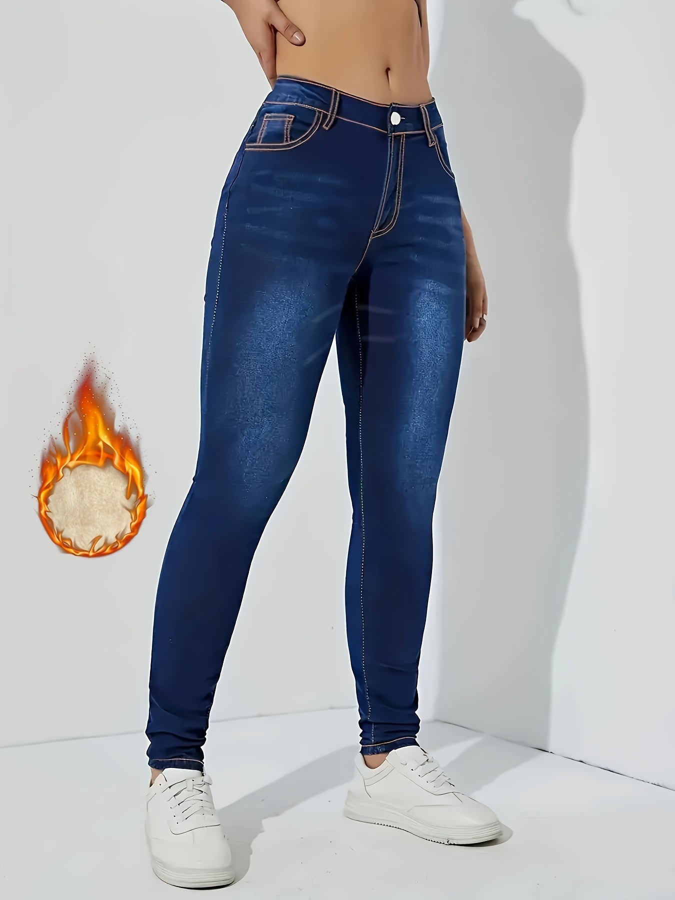 Fleece Liner Casual Skinny Jeans, Slant Pockets Slim Fit Stretchy Tight Jeans, Women's Denim Jeans & Clothing