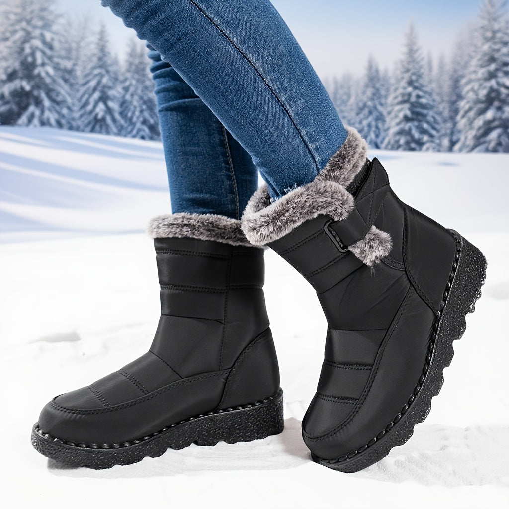 Women'S Slip-On Ankle Boots - Winter Warmth with Plush Lining, Soft Sole & Flat Heel - Black Casual Boots for Cold Weather Comfort, Hand Washable Fabric Upper & Synthetic Cover Outsole, Winter Boots, Cold Weather Footwear, Sleek Boot Design, Durable Foot