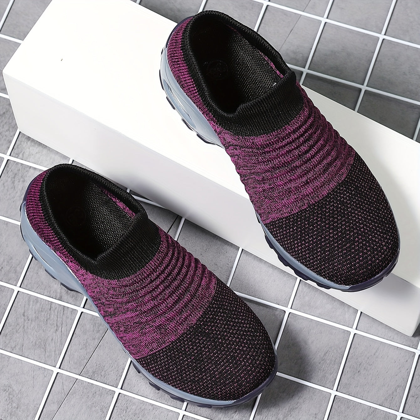 Women's Air Cushion Mesh Fashion Platform Sneakers, Textured Knit Slip-on Casual Walking Shoes