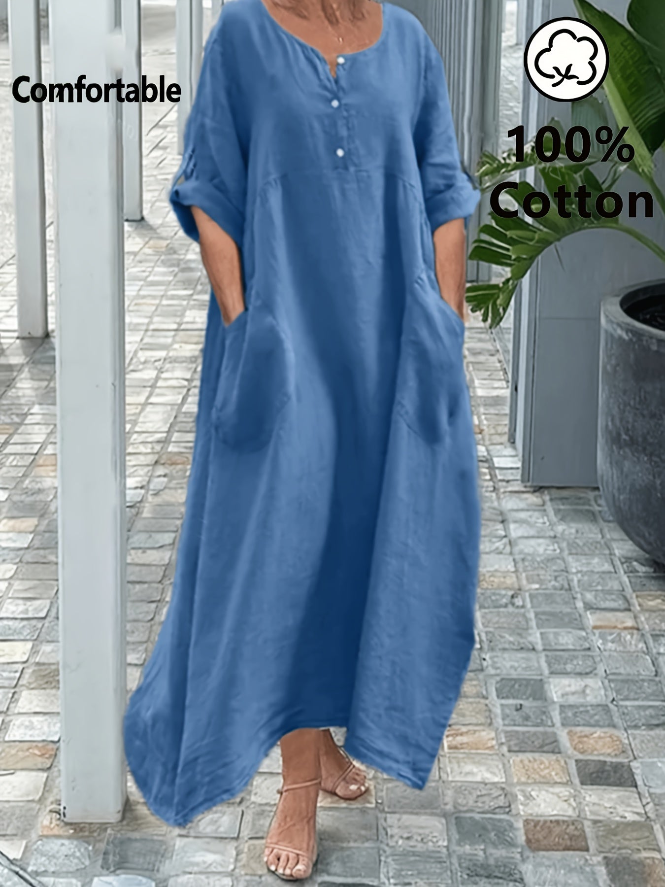 Elegant Blå Maxi Kjole Løs Pasform Med Knap Front Lomme