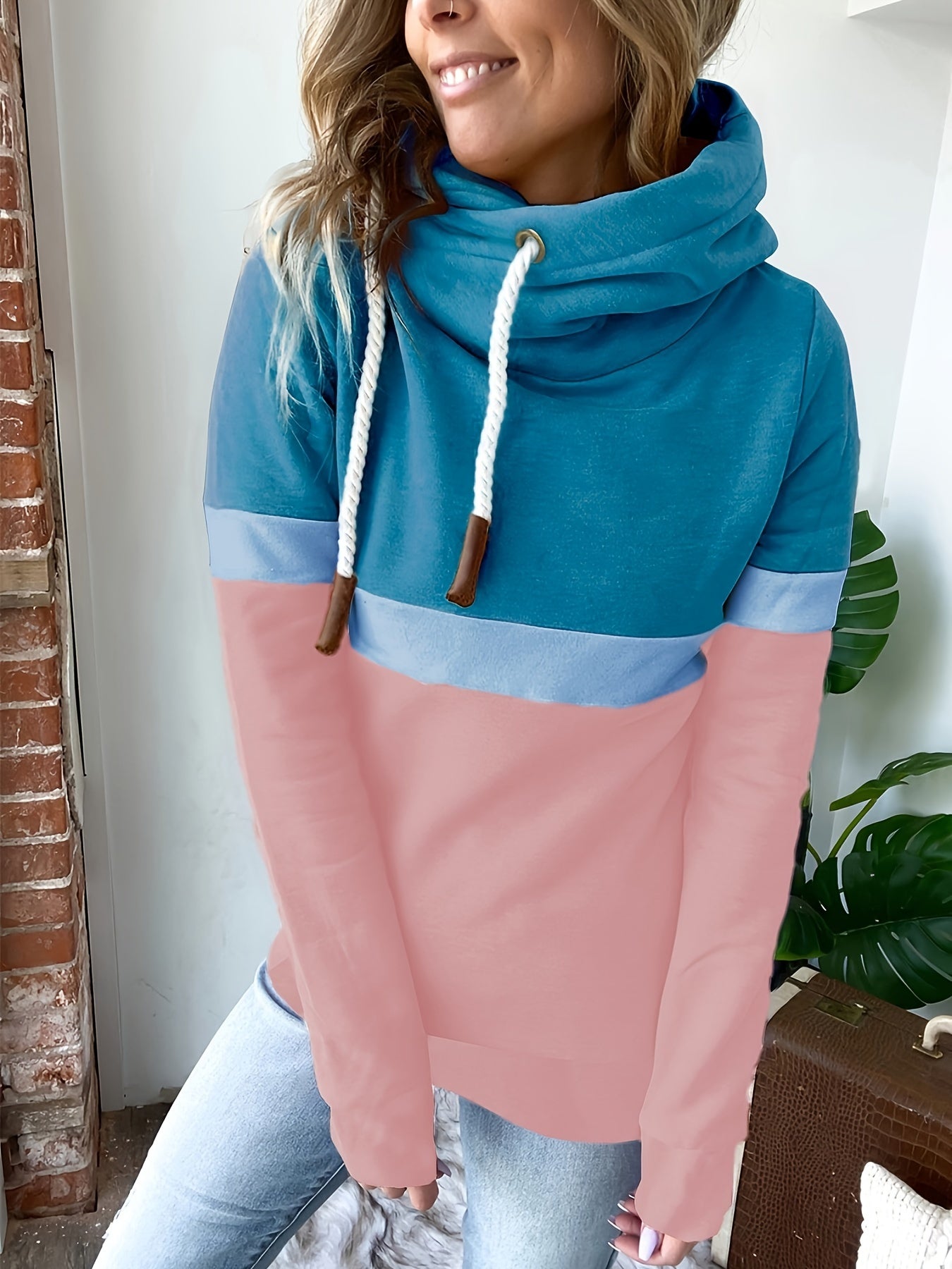 Women's Hoodie 2025 New Style Solid Color Patchwork Casual High Neck Pullover for Autumn/Winter