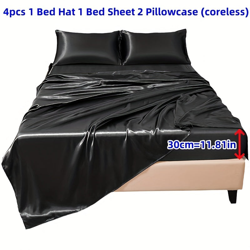 4pcs 100% Polyester 80G Satin Fitted Sheet Set [1 Fitted Sheet + 1 Bed Sheet + 2 Pillowcases (Coreless)] Silky Soft Fabric, Versatile for Bedrooms in All Seasons, No Shrinkage, No Pilling, Machine Washable, Light Luxury High-End Fitted Sheet, Student Dor