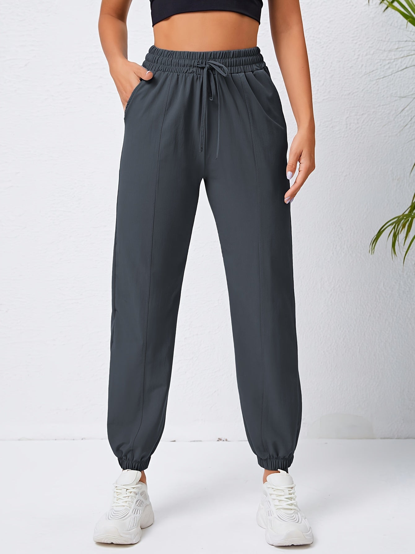Drawstring Elastic Waist Jogger Pants, Slant Pockets Quick Drying Workout Pants, Women's Activewear