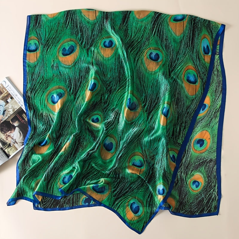 Grøn Påfugl Fjer Print Sjal Boho Vintage Halstørklæde