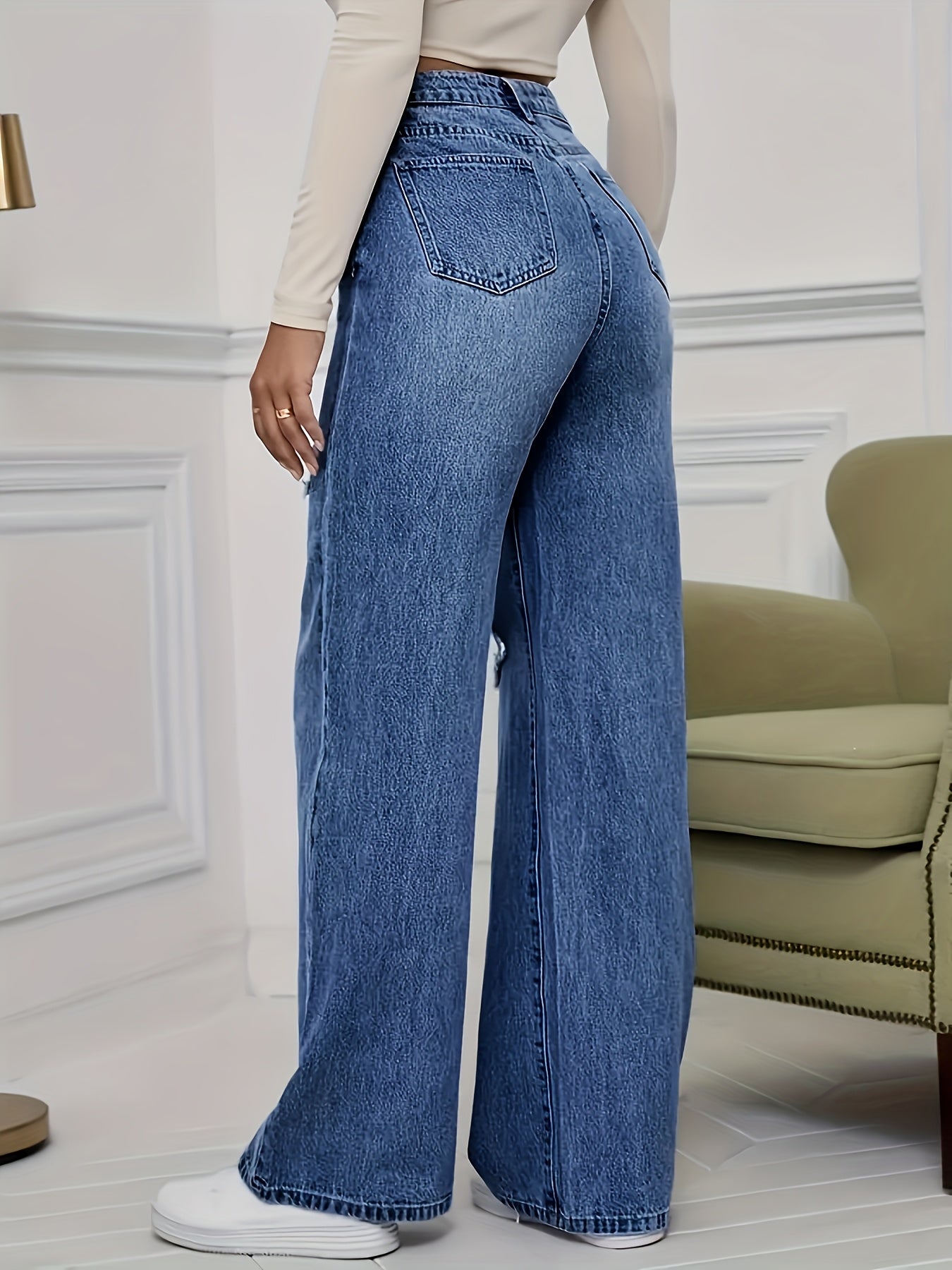 Women's Fashion Stretch Denim JK8820-T# Long Pants, Casual Washed Jeans, Straight Fit, No Belt, All-Season, Solid Color, Regular Length, Built-in Zipper, CPUY Brand