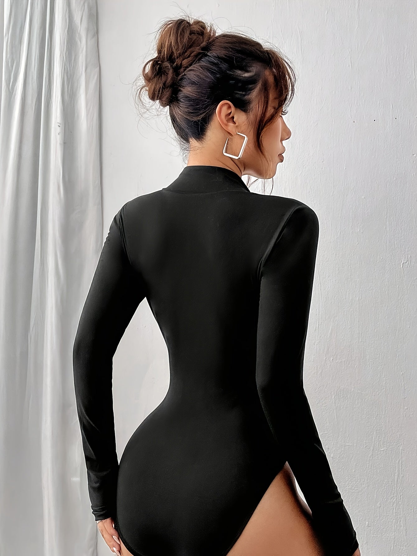 Women's Y2K Half-Zip Slim-Fit Bodycon Top - Black Stand Collar Long Sleeve Shirt with Zipper Front, Medium Stretch All-Season Machine Washable, Versatile Casual to Formal Wear