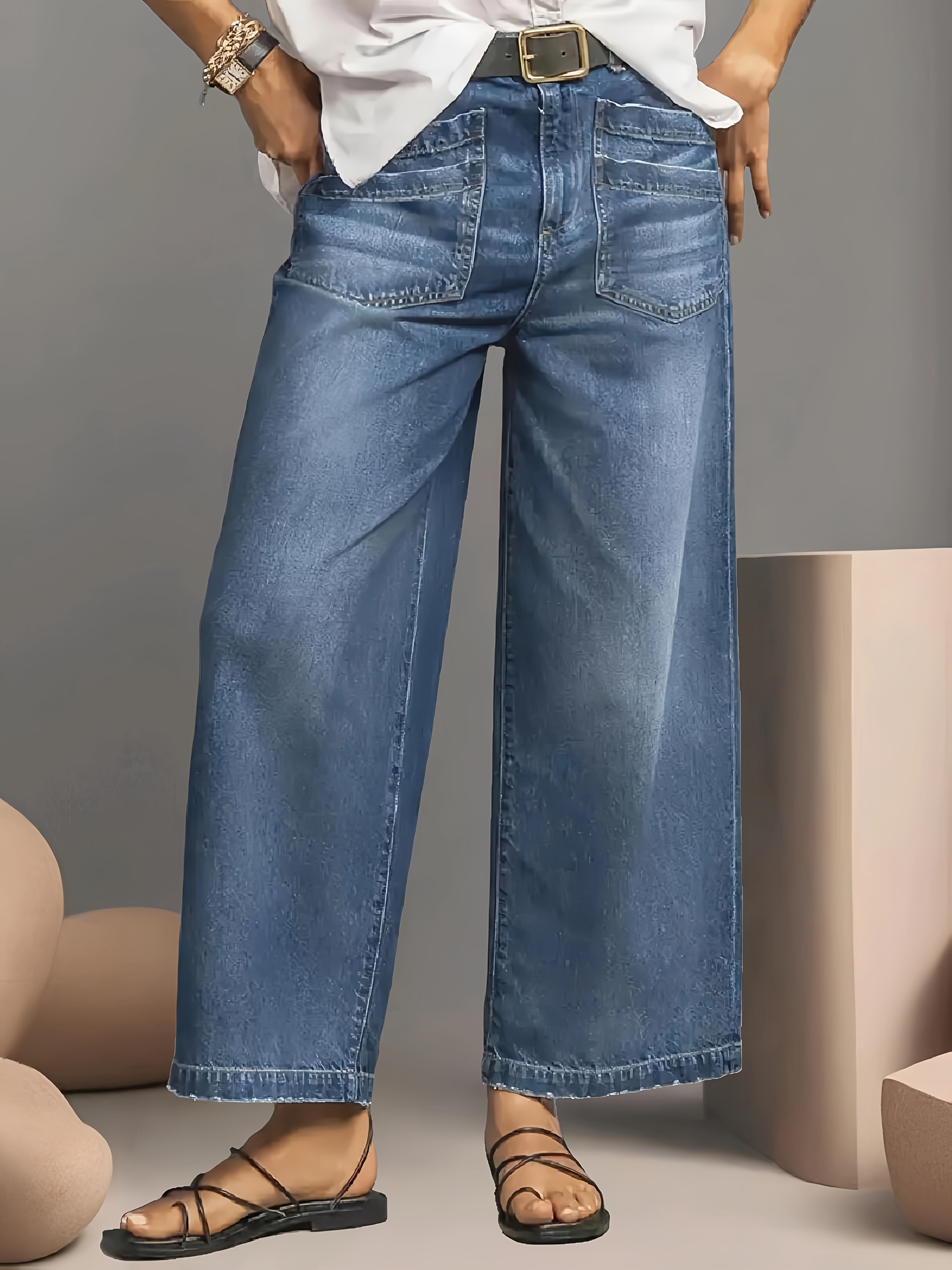 8812# Elastic Mid-Waist Wide Leg Jeans Retro Washed Pants with Brushed Hem and Slanted Pockets