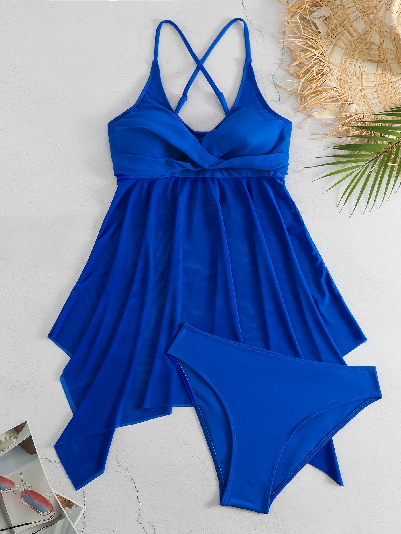 Plain Mesh Contrast Criss Cross Skirted 2 Piece Set Bikini, Scoop Neck Spaghetti Strap Twist Solid Color Swimsuit For Beach Pool Bathing, Women's Swimwear & Clothing Valentine's Day