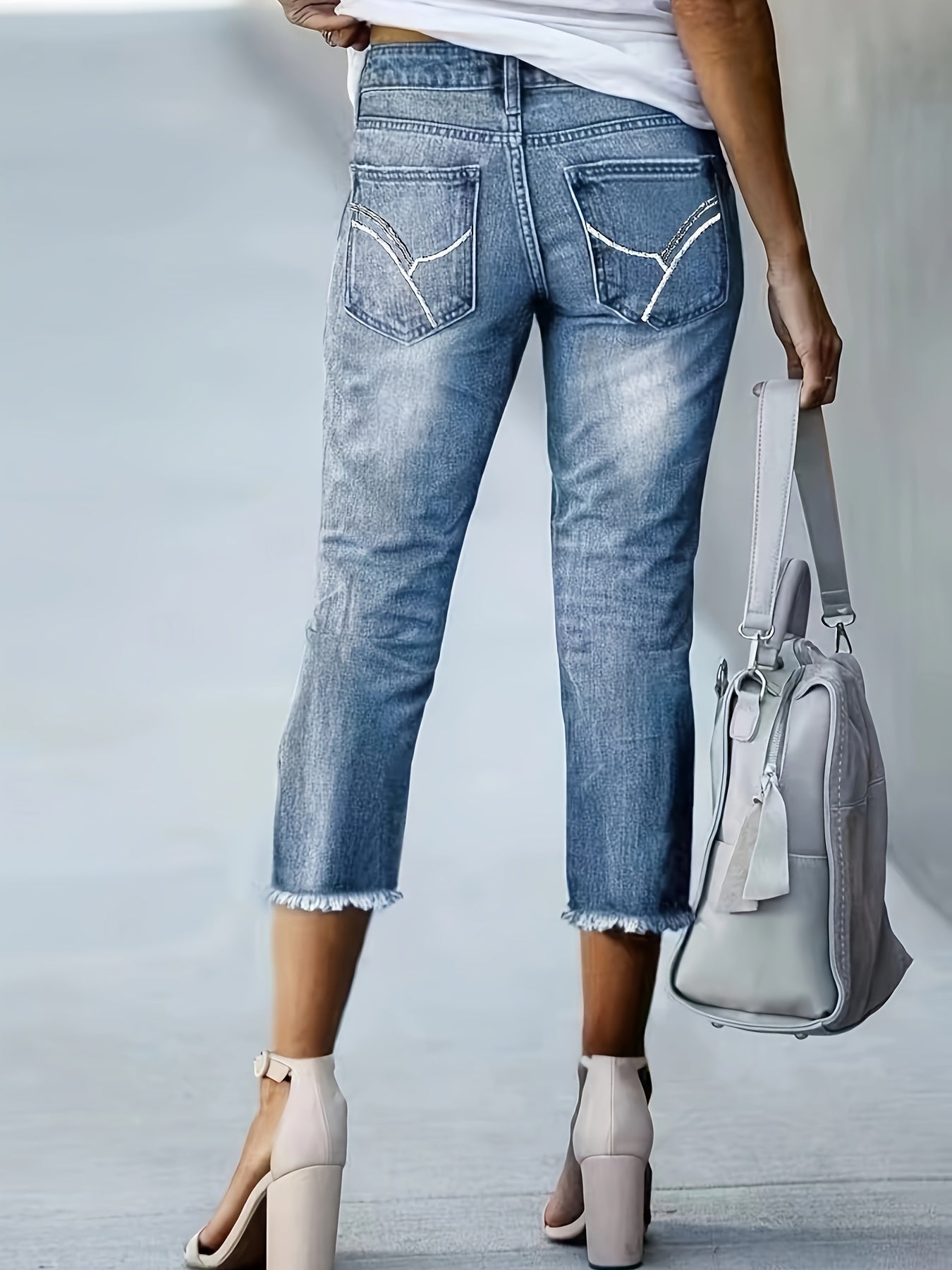 Women's Fashion Embroidered Fringed Hem Capri Jeans, Casual Style, Denim Pants, Versatile Streetwear