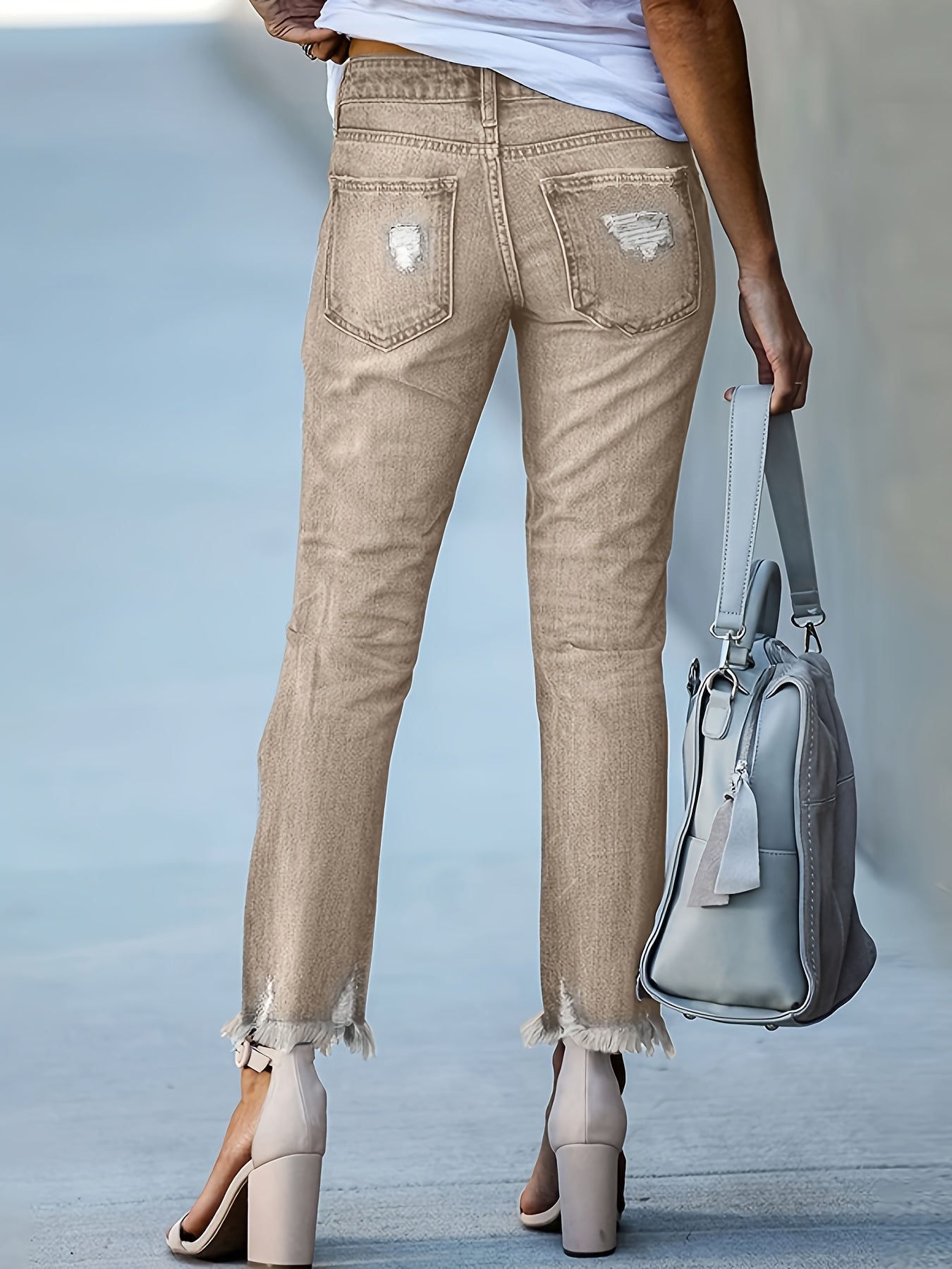 Women'S Stretchy Ripped Denim Cropped Jeans - Slim Fit, Mid-Rise, Casual Street Style with Pockets, All-Season Comfort, Dark Wash, Midrise Jeans