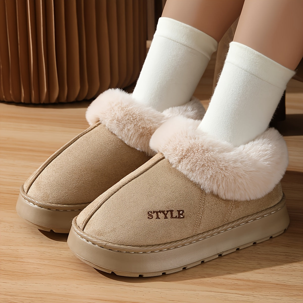 Women'S Cozy Fleece Lined Winter Shoes - Warm Fuzzy Indoor/Outdoor Flats with Thick Sole, Heightening & Non-Slip Design, Grey Beige Black Brown, Slip-On Closed Toe, All-Season Comfort, Indoor Shoes, Casual Winter Wear, Cozy Fleece Lining, EVA Cushioned S