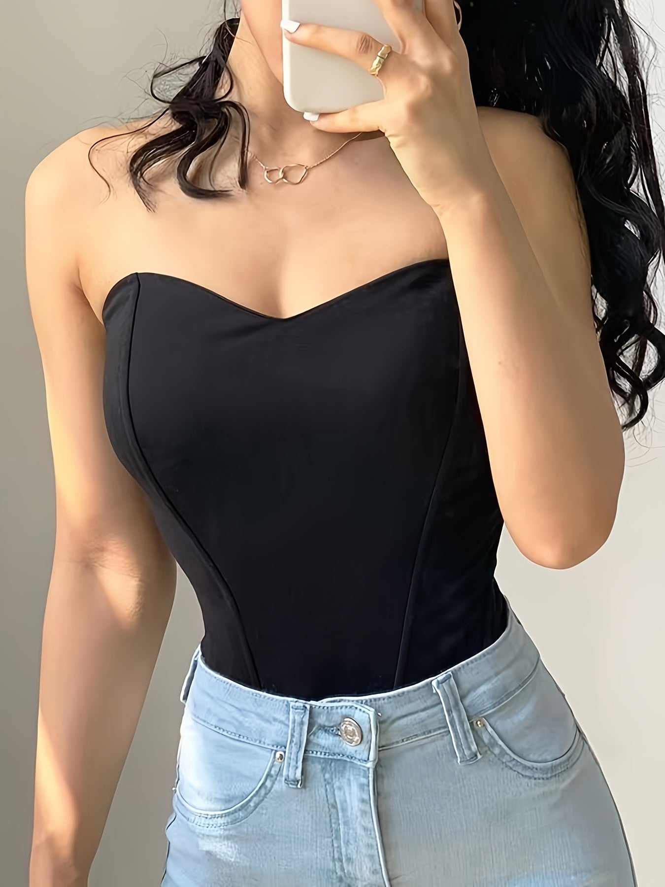 Elegant Off-Shoulder Corset Tank Top - Slim Fit, Fishbone Support, Solid Black, Stretchy Polyester Blend, Machine Washable, Women’s Fashion Essential