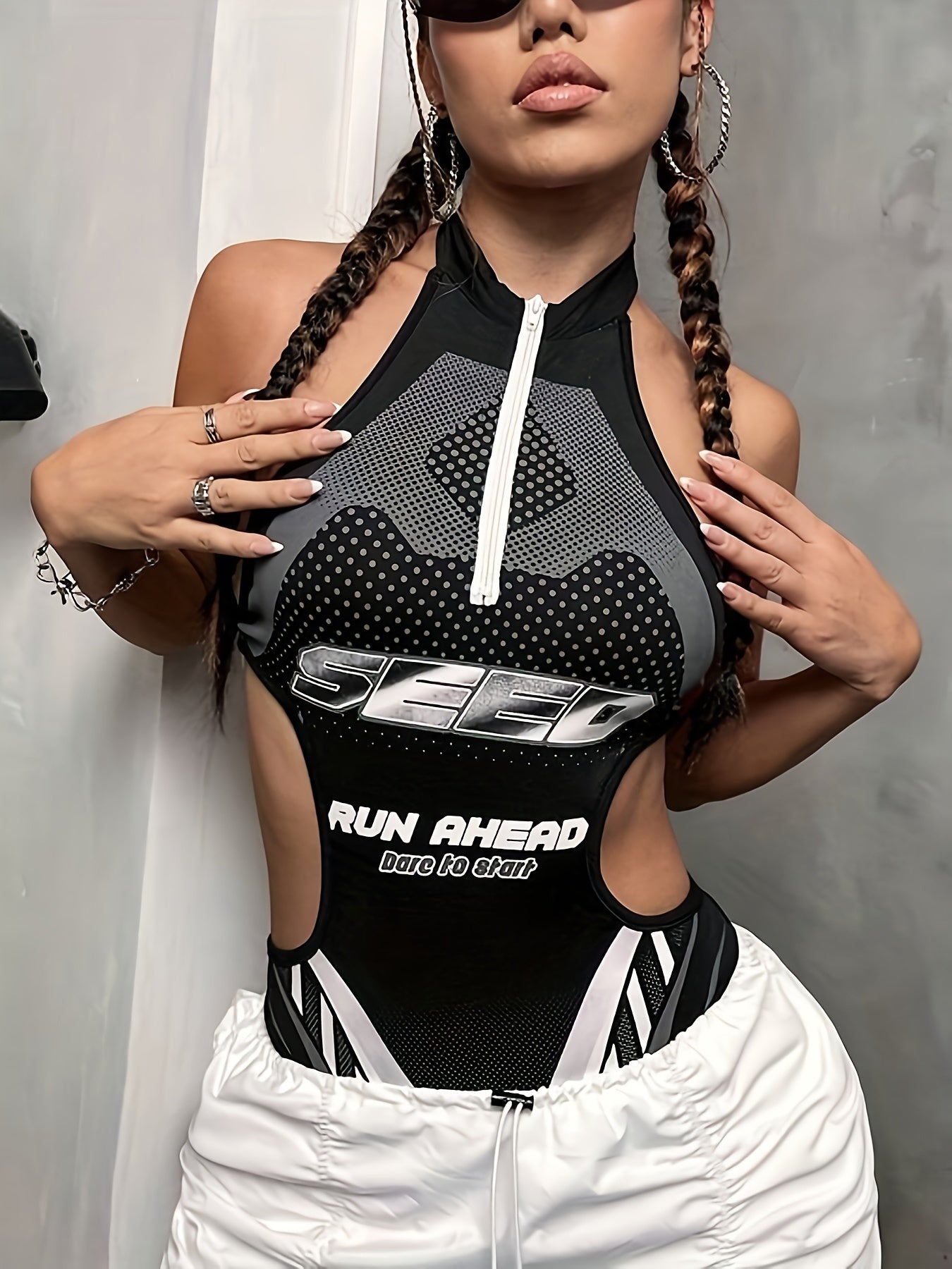 Letter Print Cut Out Bodysuit, Sexy Backless Halter Neck Zip Up Slim Bodysuit, Women's Clothing