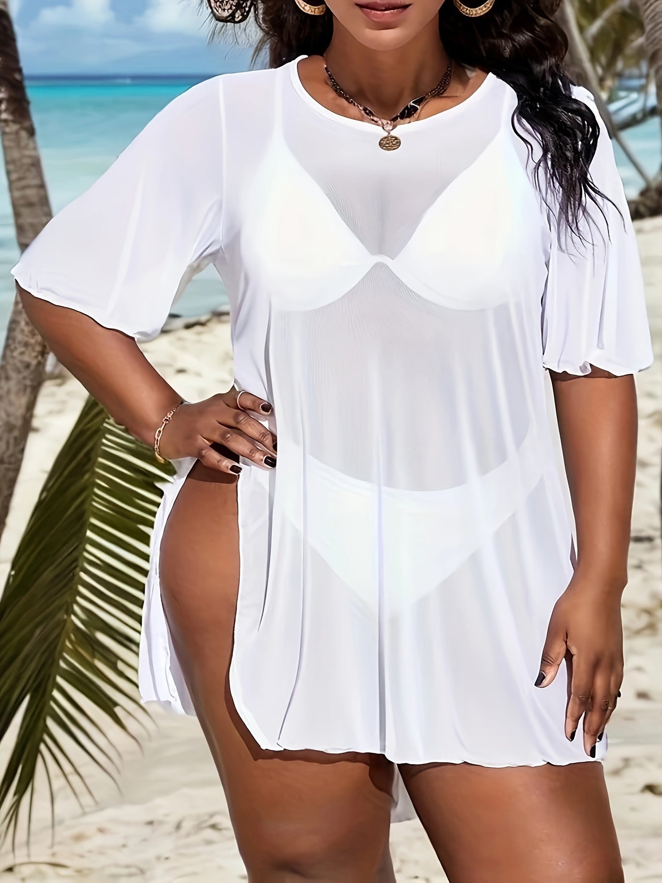 Women's One-Piece Swimsuit Dress - Semi-Sheer Beach Party Outfit, Side Slit, Machine Washable Swimwear for Poolside, Nightouts - Elegant Swim Dress