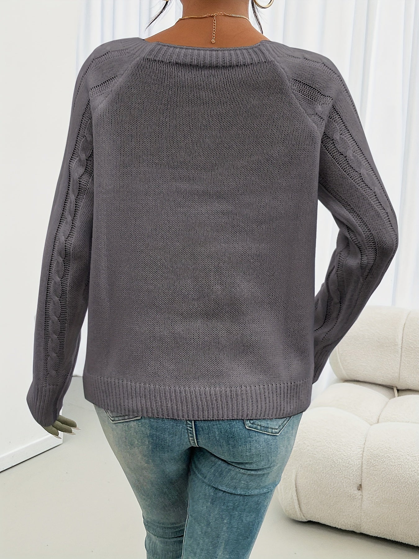 Women's Casual Square Neck Cable- Button-Front Sweater with Lantern Sleeves - Rich Red Medium Stretch Top for Fall Winter Layering, Sweater, Cozy Autumn Apparel, Winter Comfort Clothing, Textured Knitwear, Comfortable Fit