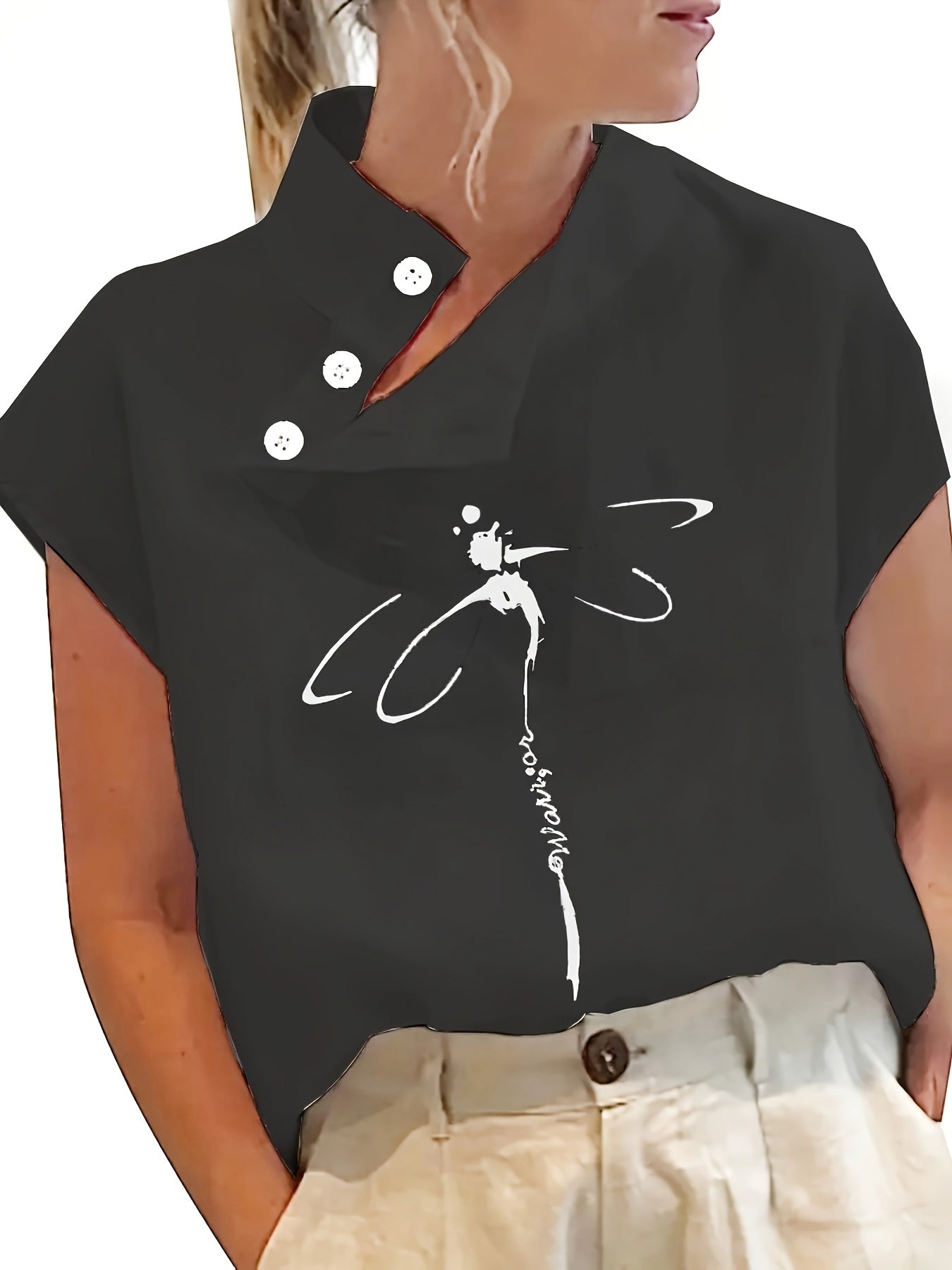 Women'S Lightweight Summer Blouse with Cherry Blossom Print - Casual Short Sleeve, Button-Up, Non-Stretch Fabric, Perfect for Outdoor Wear, Casual Summer Wear|Cultural Fashion|Non-Stretch Fabric, Cherry Blossom Themed Items