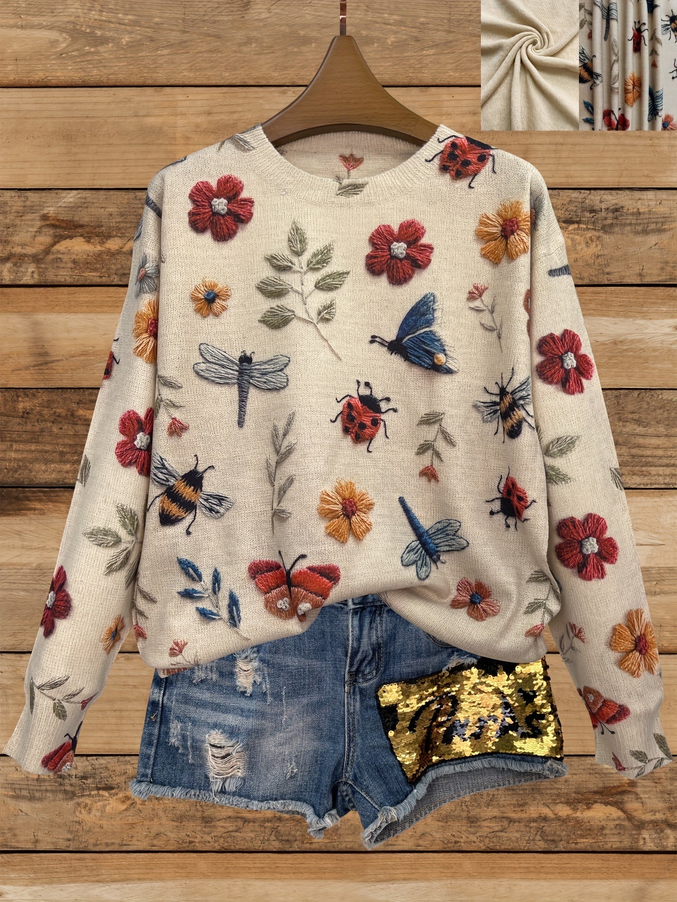 Women'S Lightweight 3D Printed Insect & Floral Sweater - Long Sleeve Crew Neck Casual Top with Vibrant Dragonfly, Bee & Flower Design, Beige Base, Perfect for Spring & Fall, Allseason Top | Floral Print Top | Stretchy Fabric