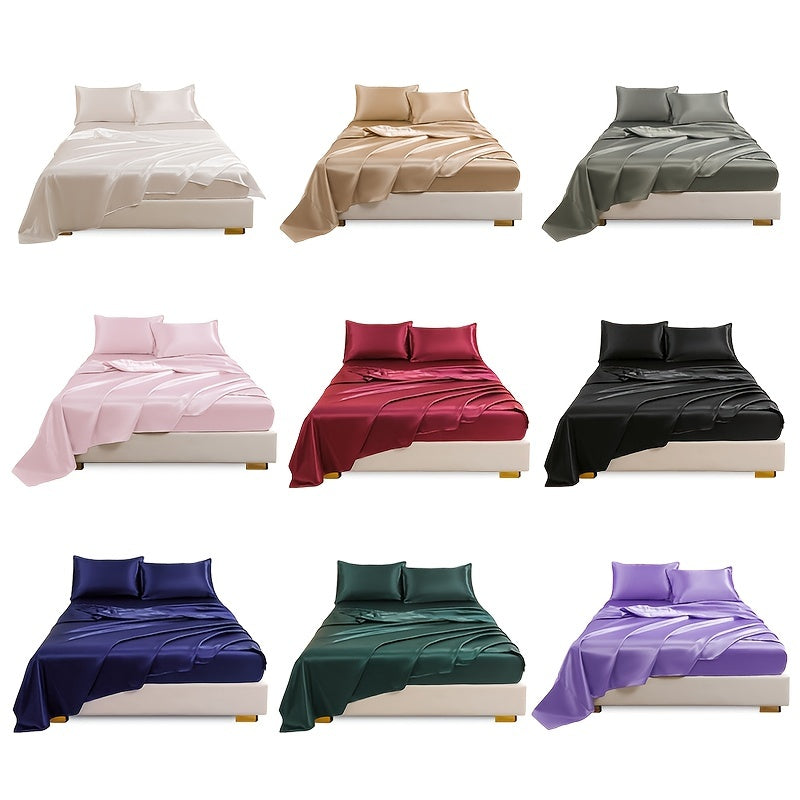 4pcs Cozy Satin Sheet Set - Soft And Silky Bedding For Bedroom And Guest Room (1*Flat Sheet + 1*Fitted Sheet + 2*Pillowcases)