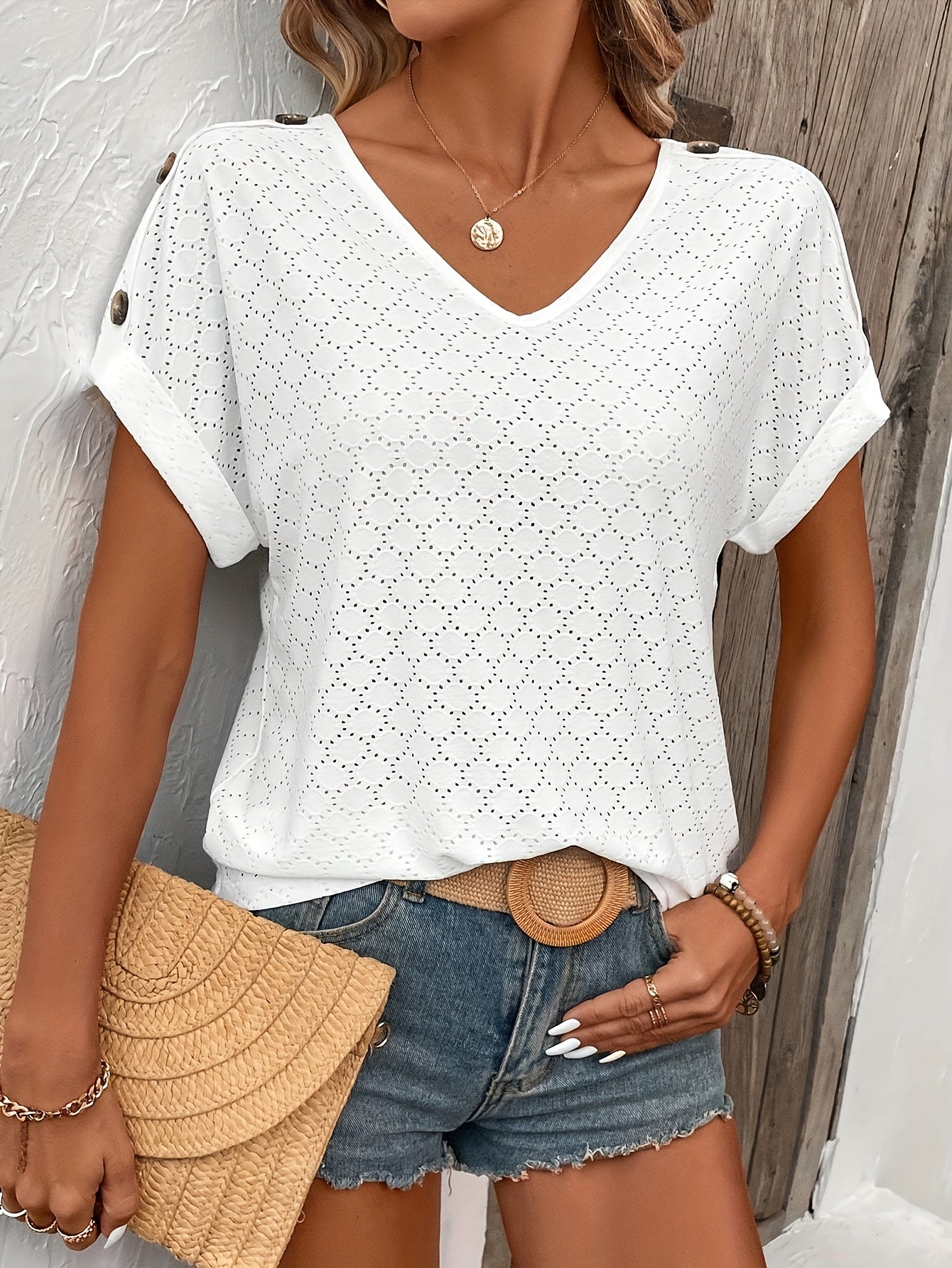 Button Batwing Sleeve Jacquard Short Sleeve