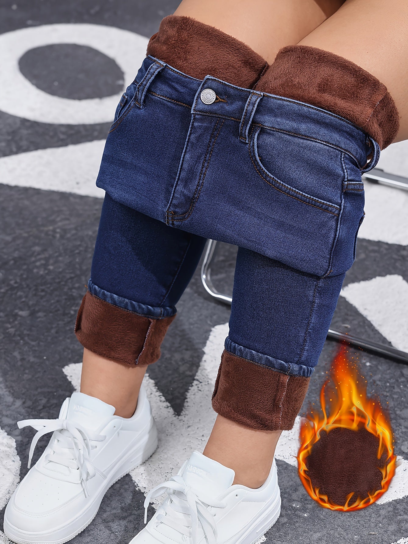 Women's High-Waisted Stretch Skinny Jeans with Fleece Lining - Winter Warmth, Slim-Fit Tummy Control, Blue Denim & Brown Belt Accent, Machine Washable for Casual & Semi-Formal Outfits (Fall/Winter)